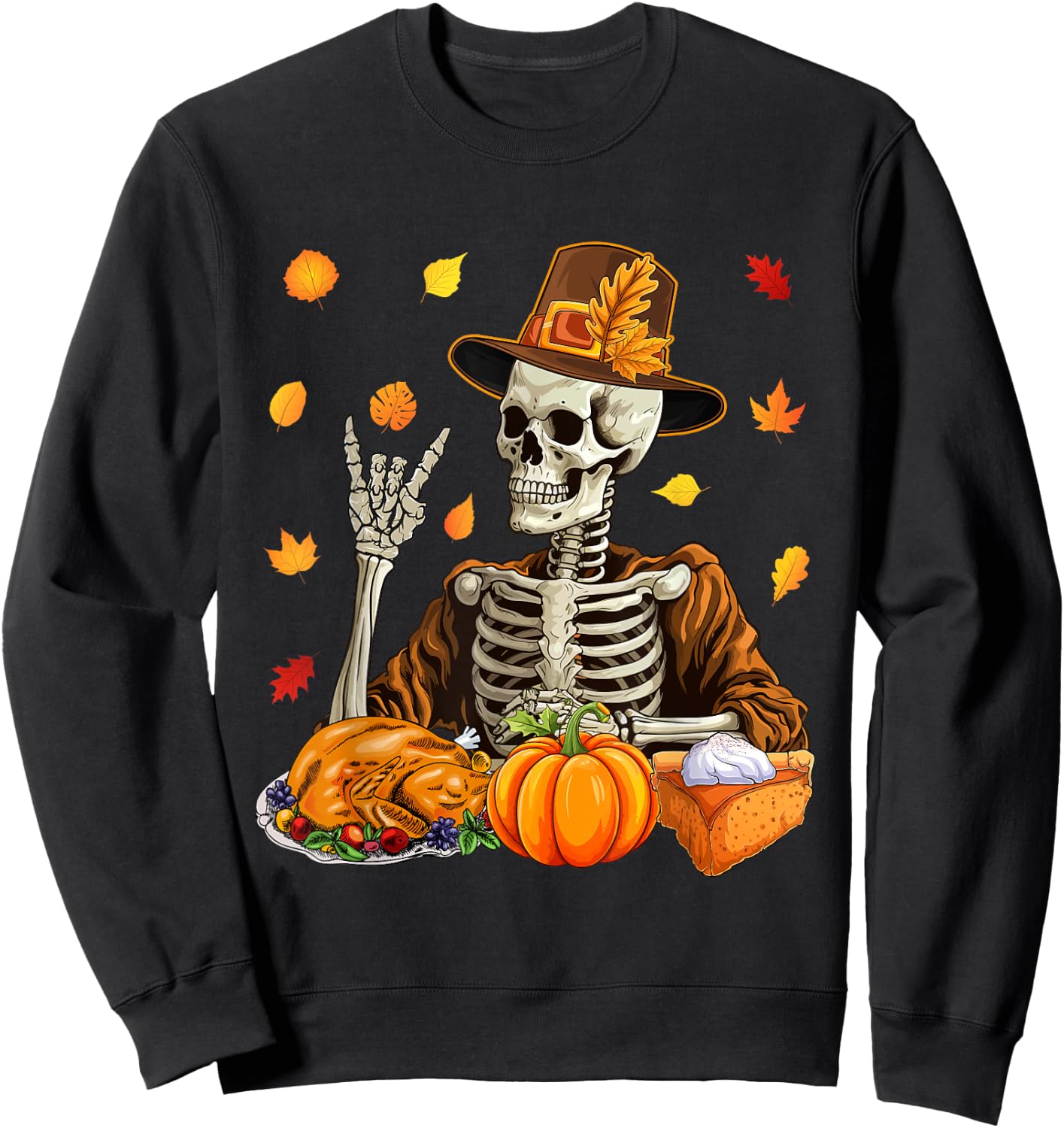 Thanksgiving X-ray Skeleton Funny Rock Hand Fall Leaves Sweatshirt - Sweatshirt | Black