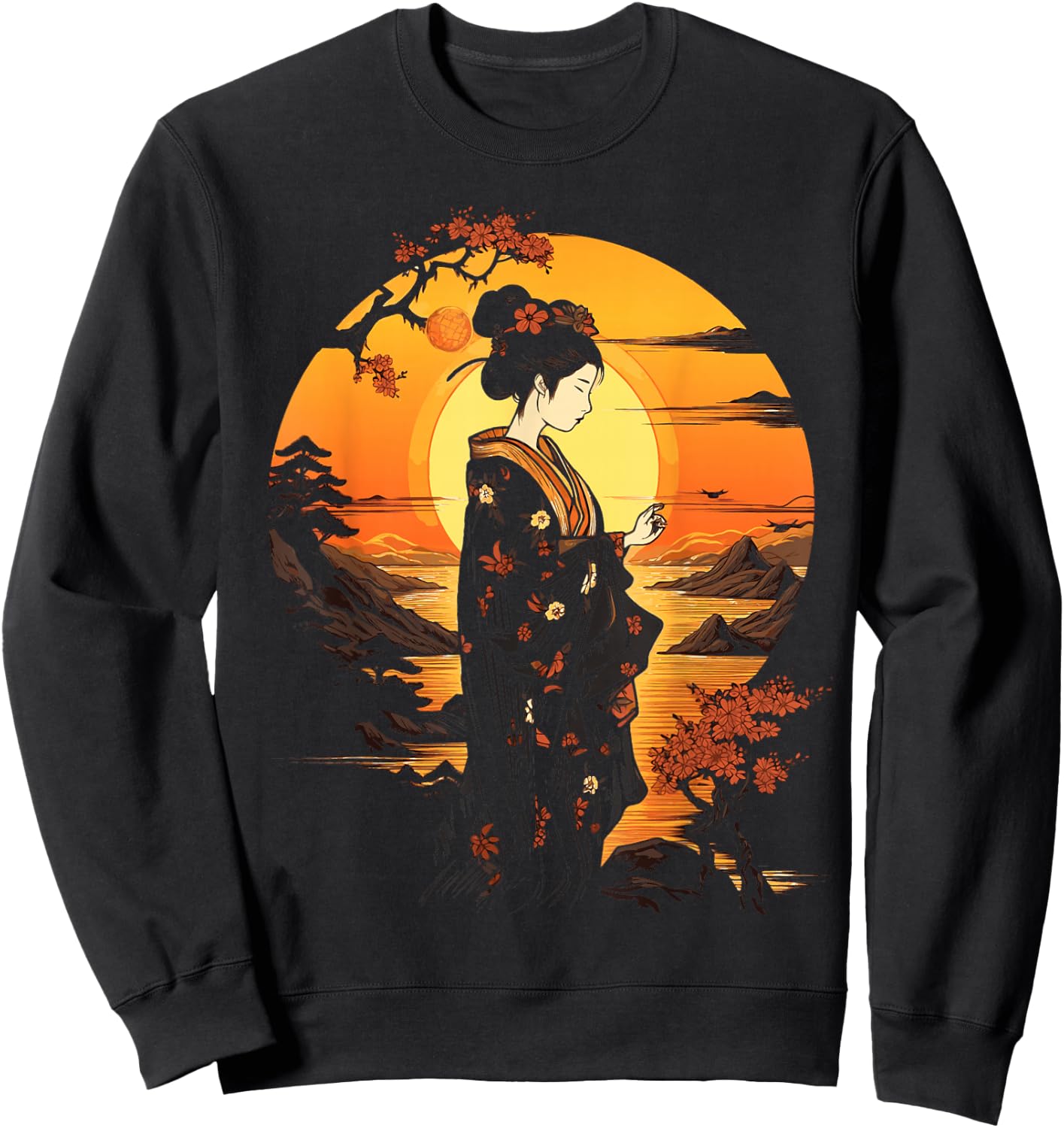 Japanese Geisha Zen Aesthetic Sakura Asian Art Beautiful Sweatshirt - Sweatshirt | Black