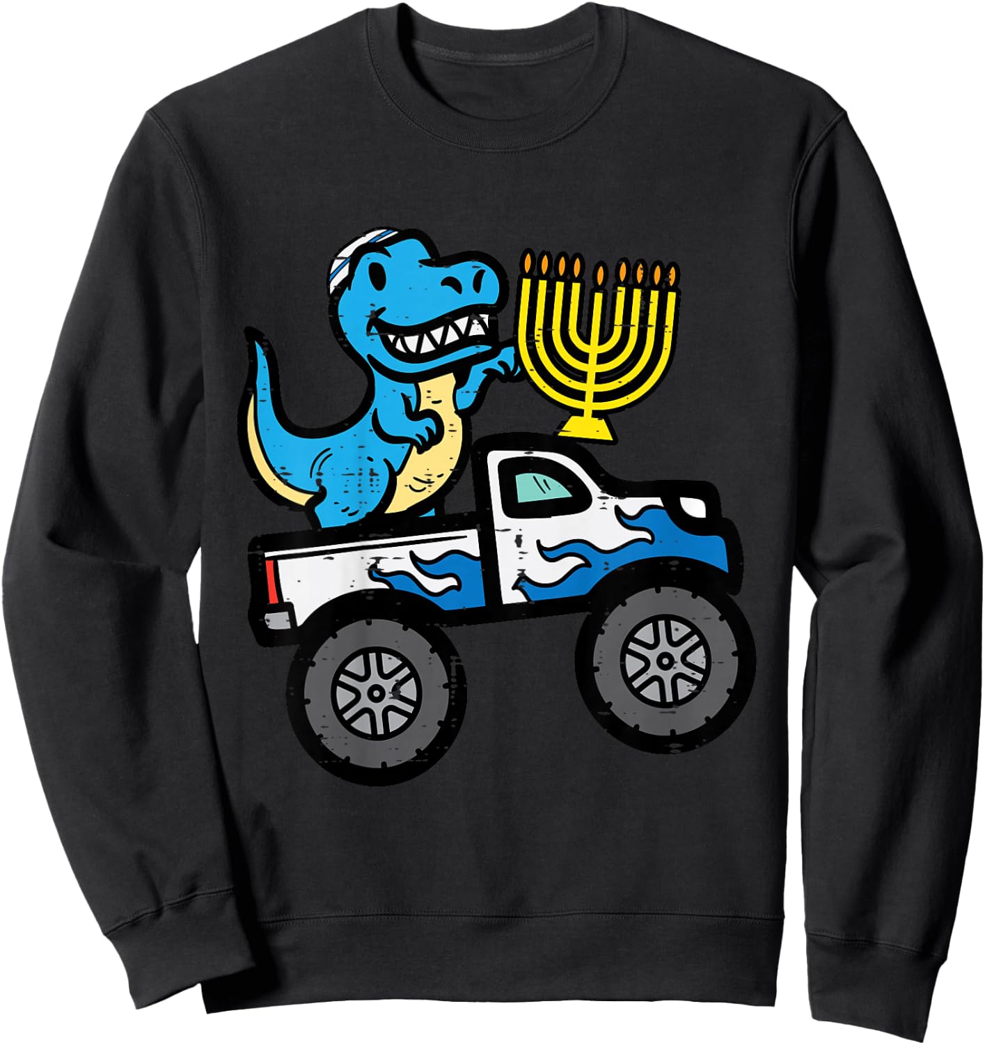 Kids Hannukah Dino On Monster Truck Chanukah Boys Toddler Youth Sweatshirt - Sweatshirt | Black