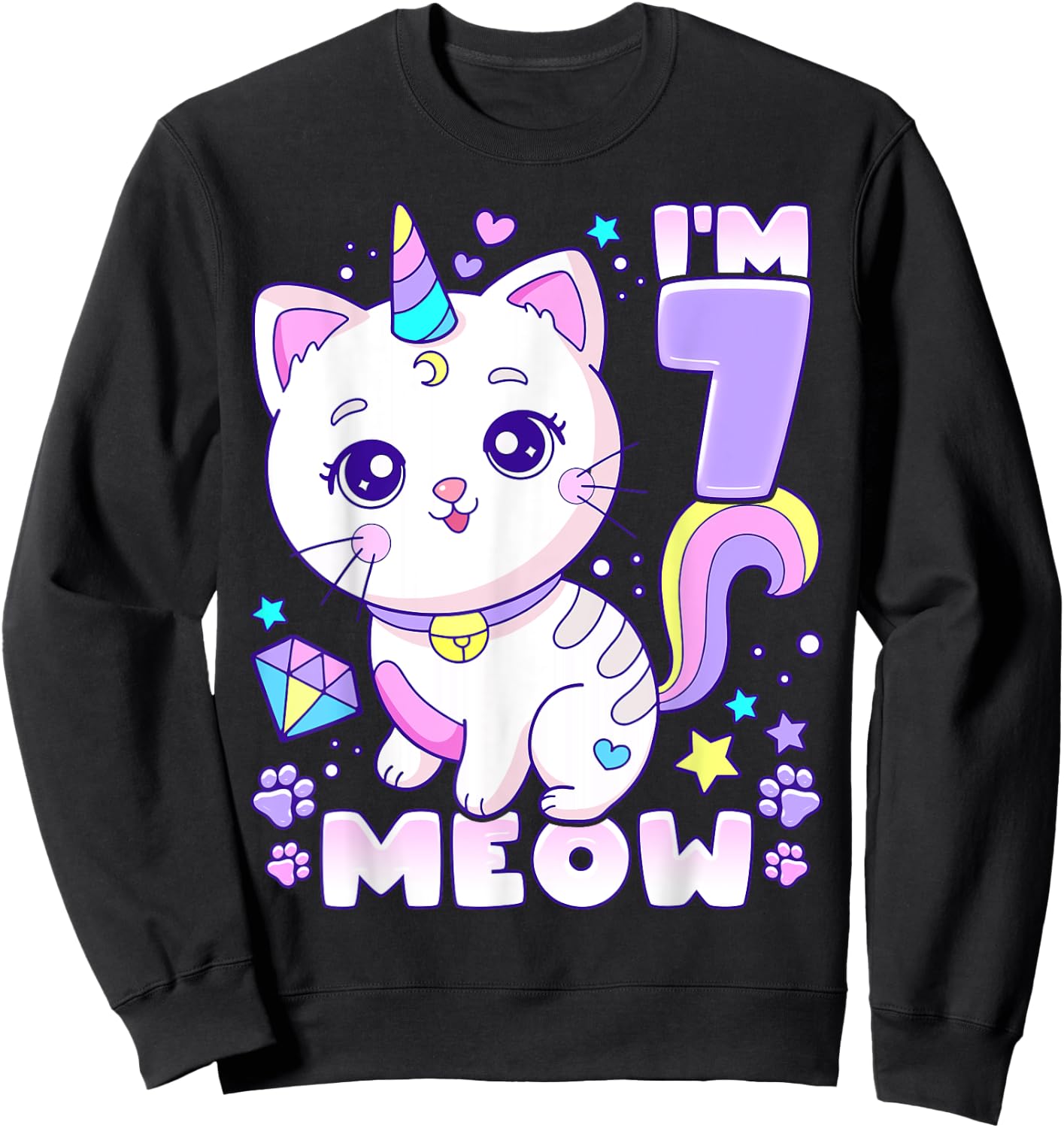 Birthday girl 7 years old, cat, unicorn, 7th birthday Sweatshirt - Sweatshirt | Black