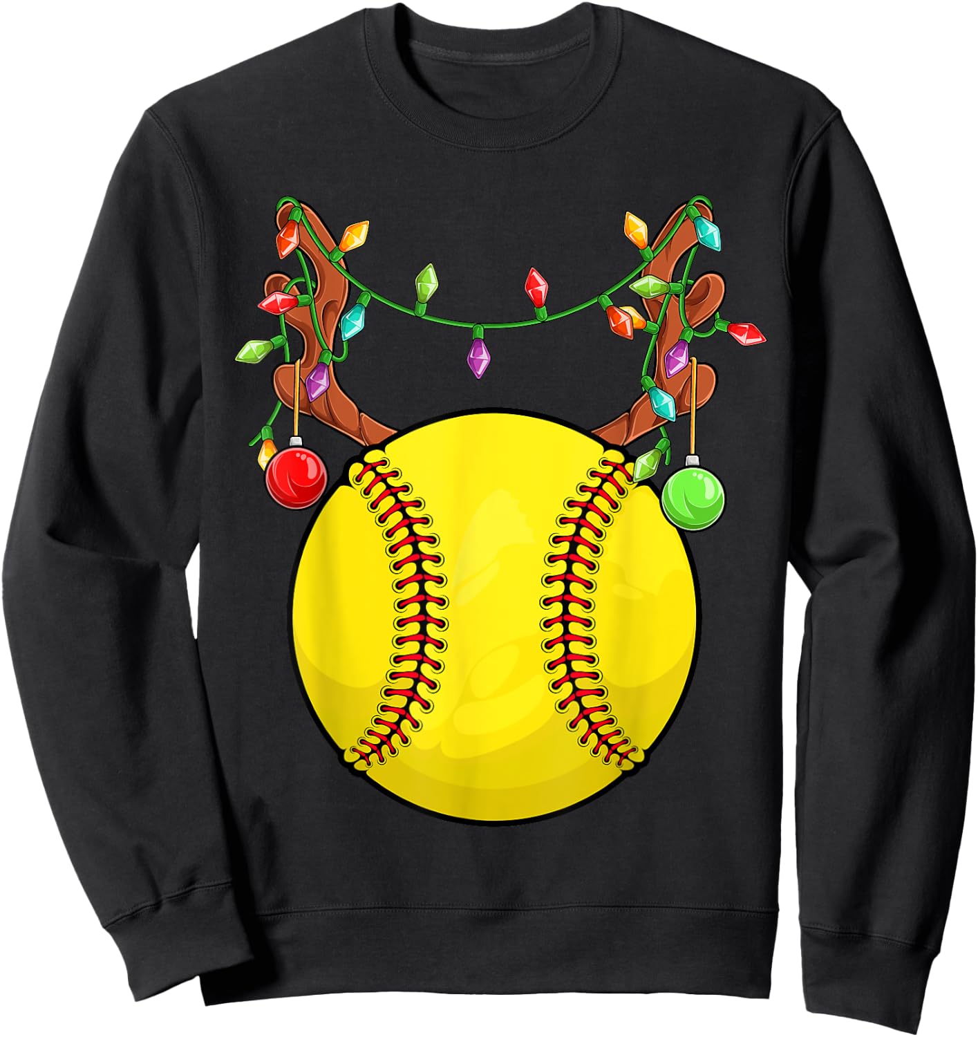 Softball Ball Reindeer Antler Christmas Ornament Pajama Teen Sweatshirt - Sweatshirt | Black