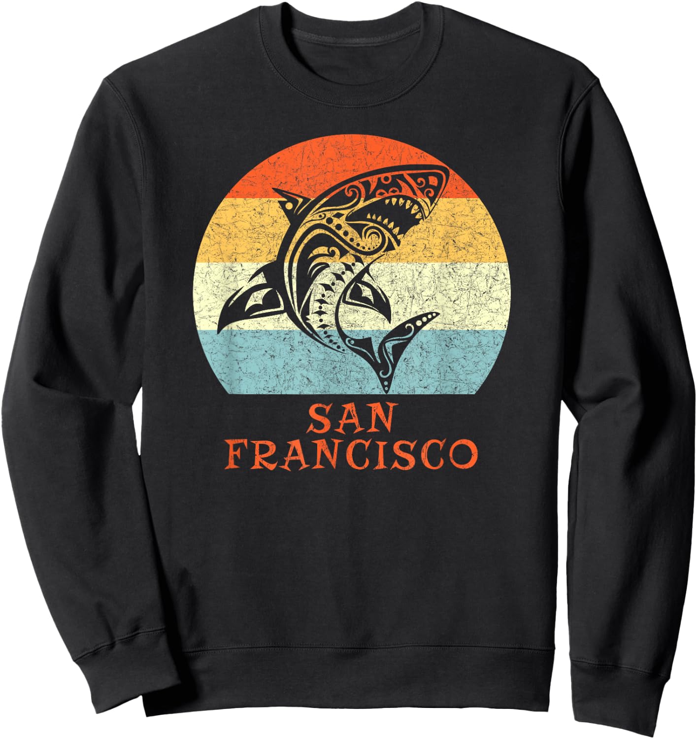 San Francisco, California Vintage Retro Tribal Shark Sweatshirt - Sweatshirt | Black