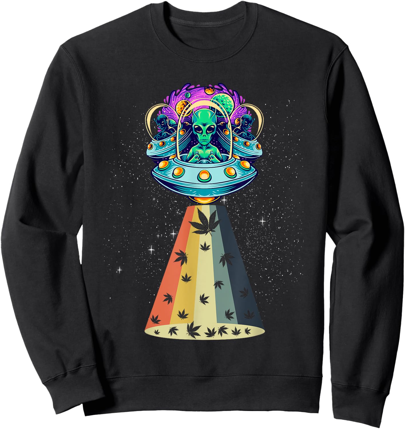 Vintage Alien Weed Pot Leaf UFO Abduction Marijuana Sweatshirt - Sweatshirt | Black