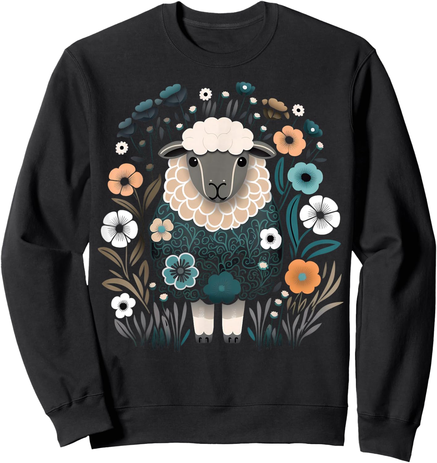 Cute Sheep Floral Colorful Flowers in the Garden Black Sweatshirt - Sweatshirt | Black