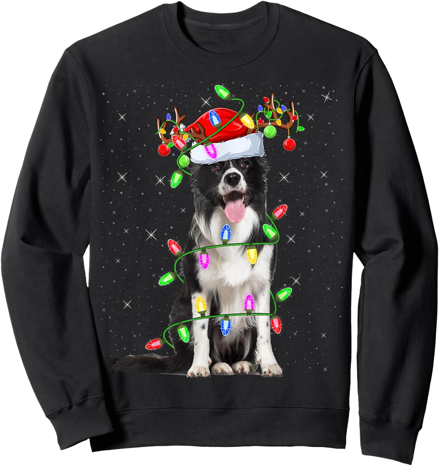 Xmas Holiday Lighting Santa Border Collie Dog Christmas Sweatshirt - Sweatshirt | Black