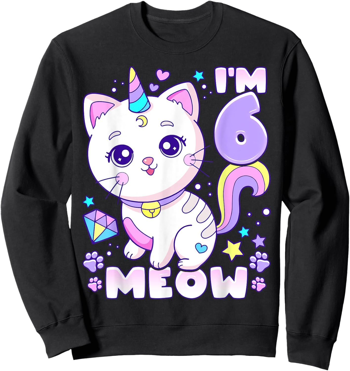 Birthday girl 6 years old, cat, unicorn, 6th birthday Sweatshirt - Sweatshirt | Black