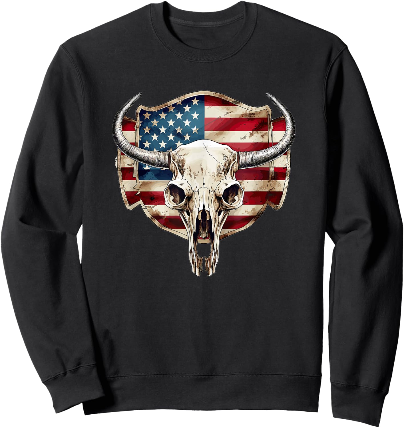 Vintage Cow Bull Cattle Skull Head Western Patriotic US-Flag Women Men Sweatshirt - Sweatshirt | Black