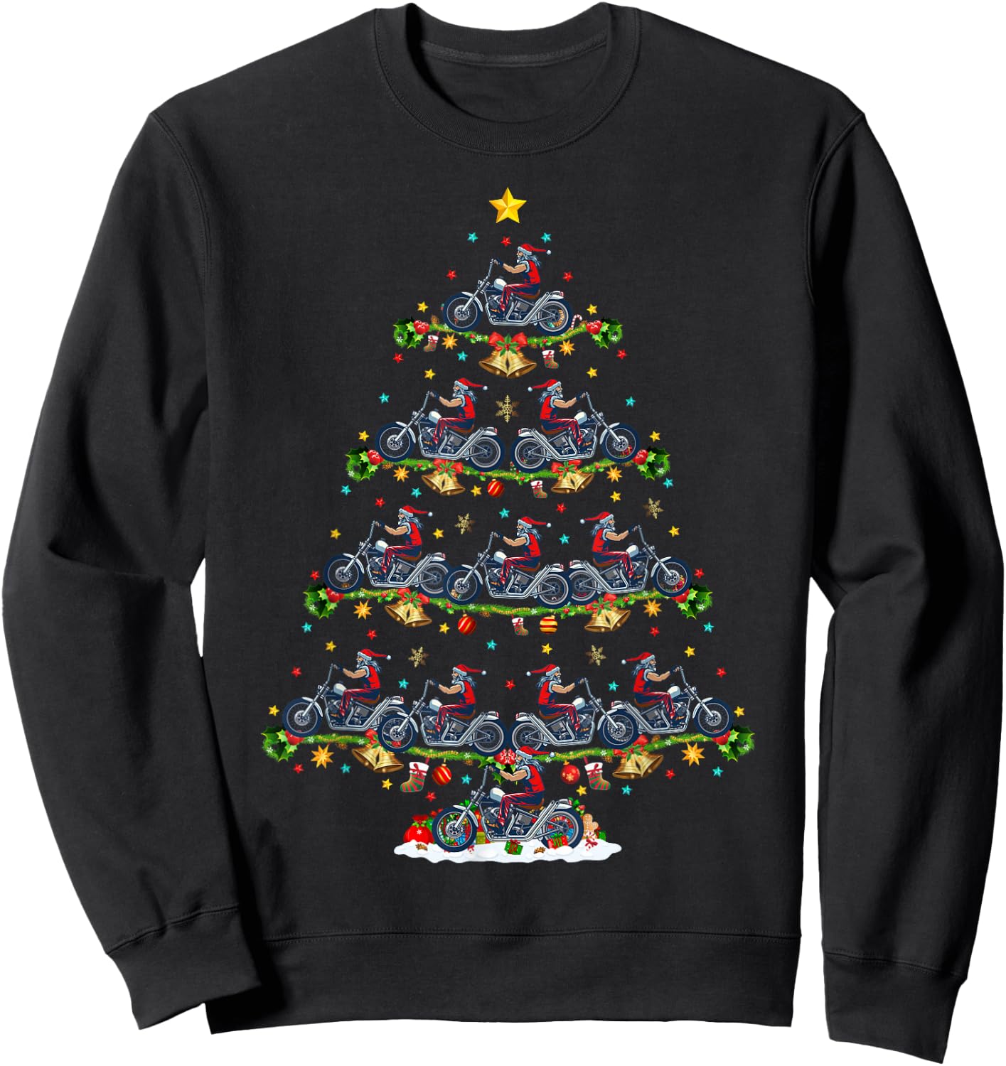 Motorcycle Lover Matching Santa Motorcycle Christmas Tree Sweatshirt - Sweatshirt | Black