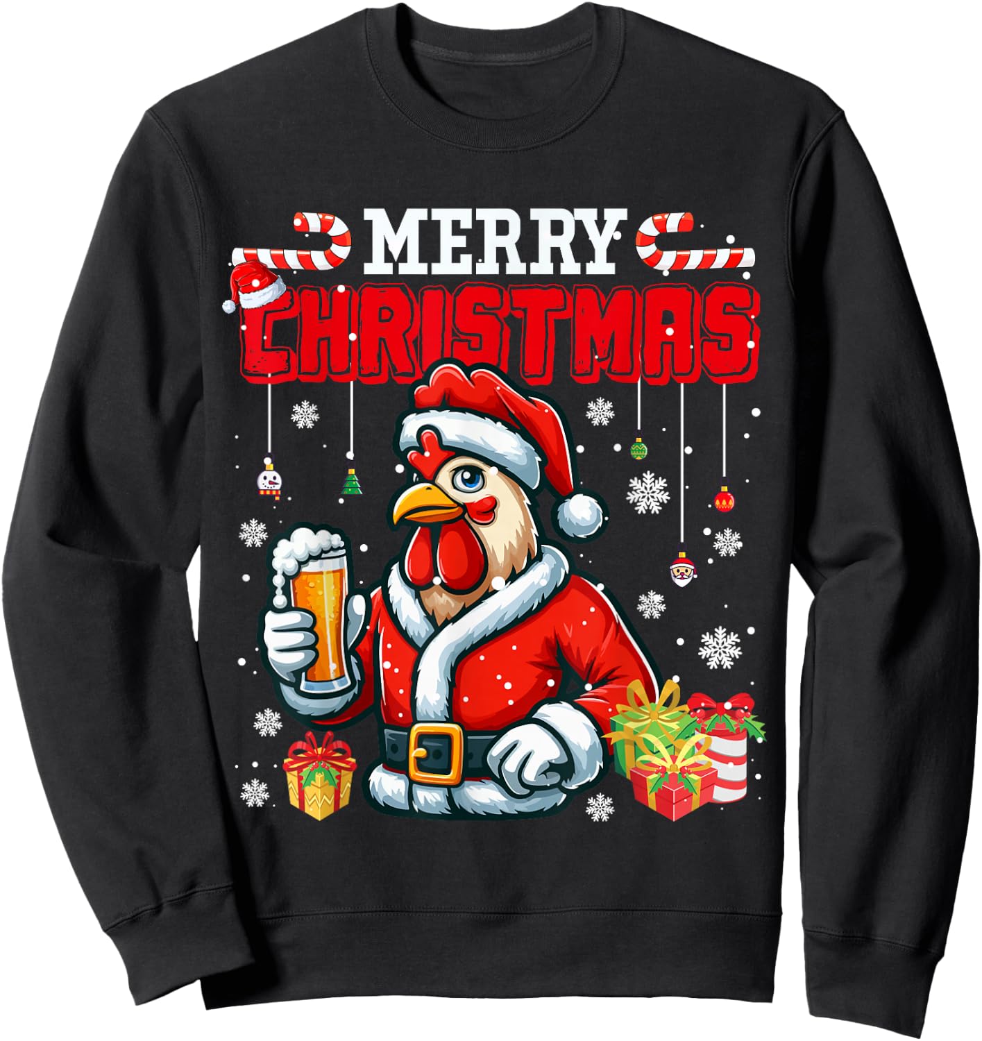 Merry Christmas Santa Rooster Chicken Drinking Beer Farmer Sweatshirt - Sweatshirt | Black