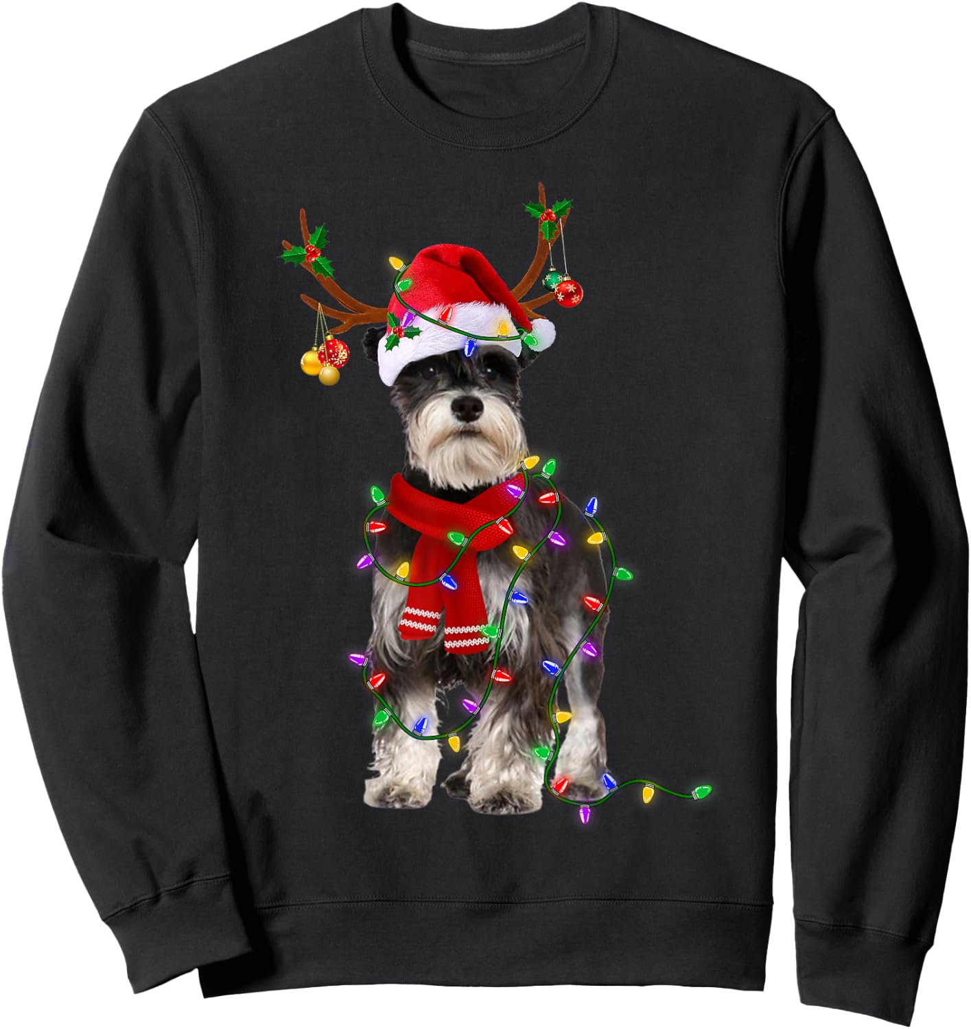 Funny Schnauzer Dog Tree Christmas Lights Dog Lover Pajama Men Women Kids Sweatshirt - Sweatshirt | Black
