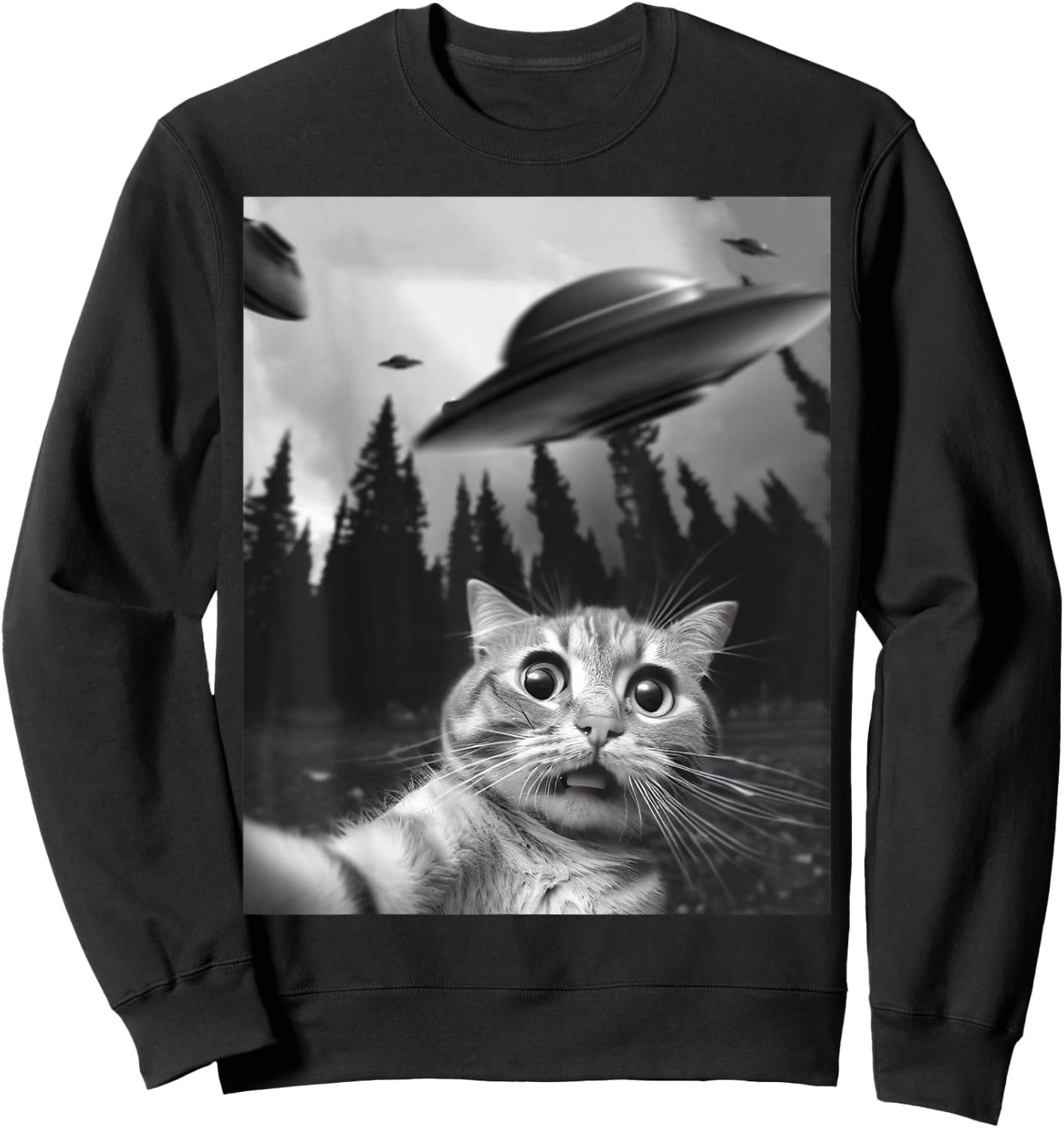 Funny Cat Selfie with UFOs Sweatshirt - Sweatshirt | Black
