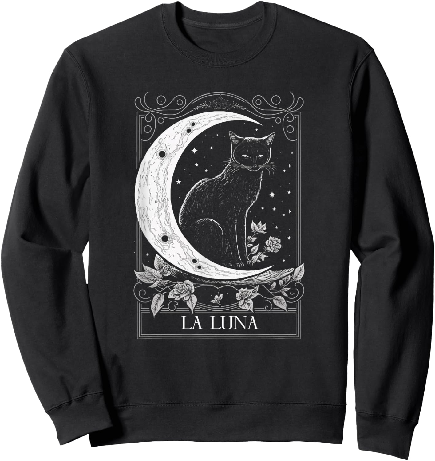 Cat and Crescent Moon Tarot Card Graphic Sweatshirt - Sweatshirt | Black