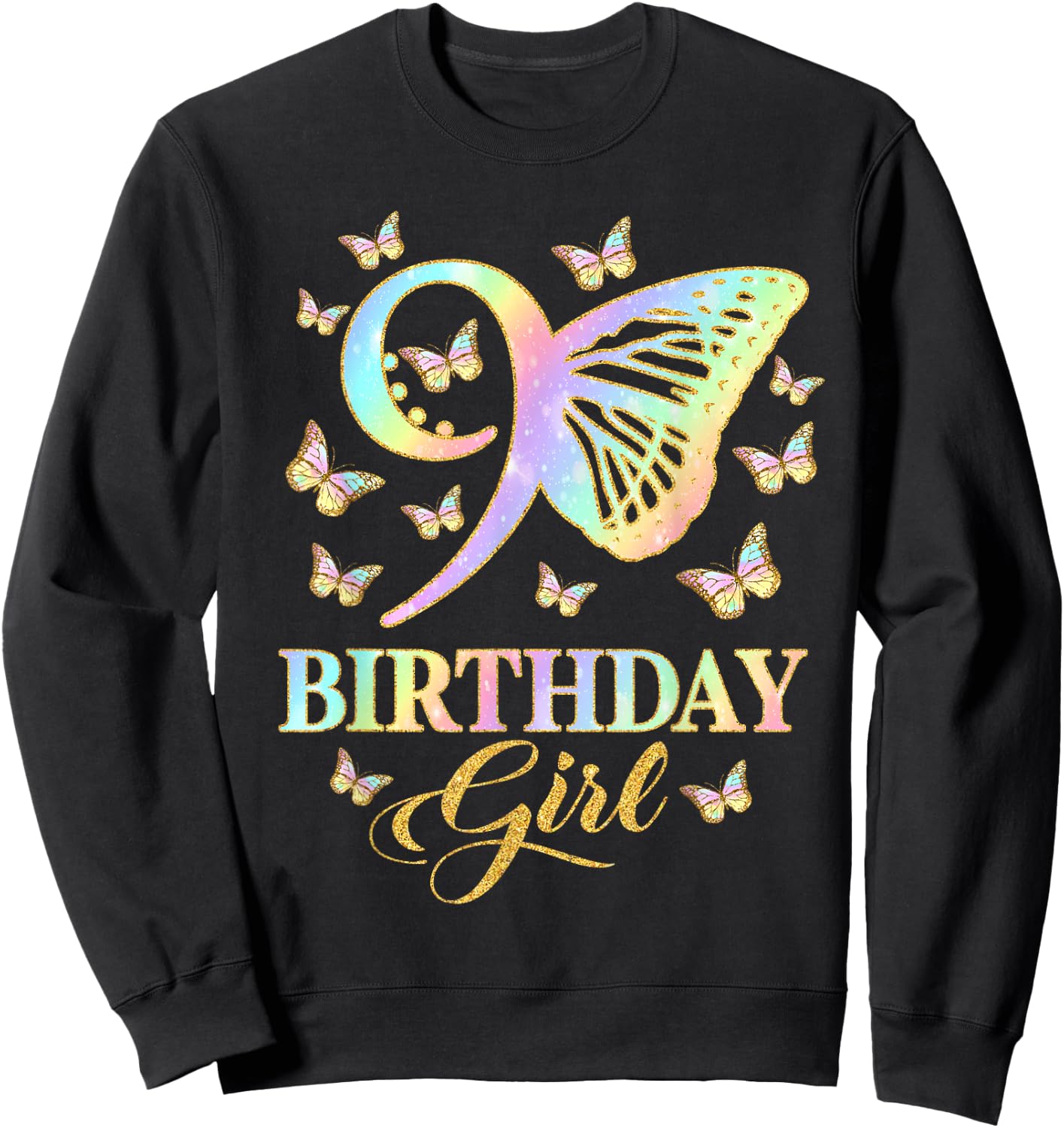 Butterfly 9th Birthday Outfit 9 Year Old Girl Kids Cute Sweatshirt - Sweatshirt | Black