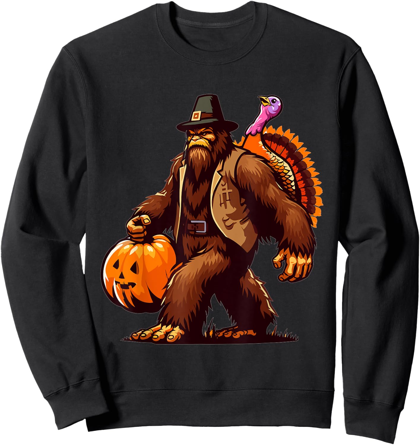 Bigfoot Pilgrim Turkey Pumpkin Thanksgiving Day Sweatshirt - Sweatshirt | Black