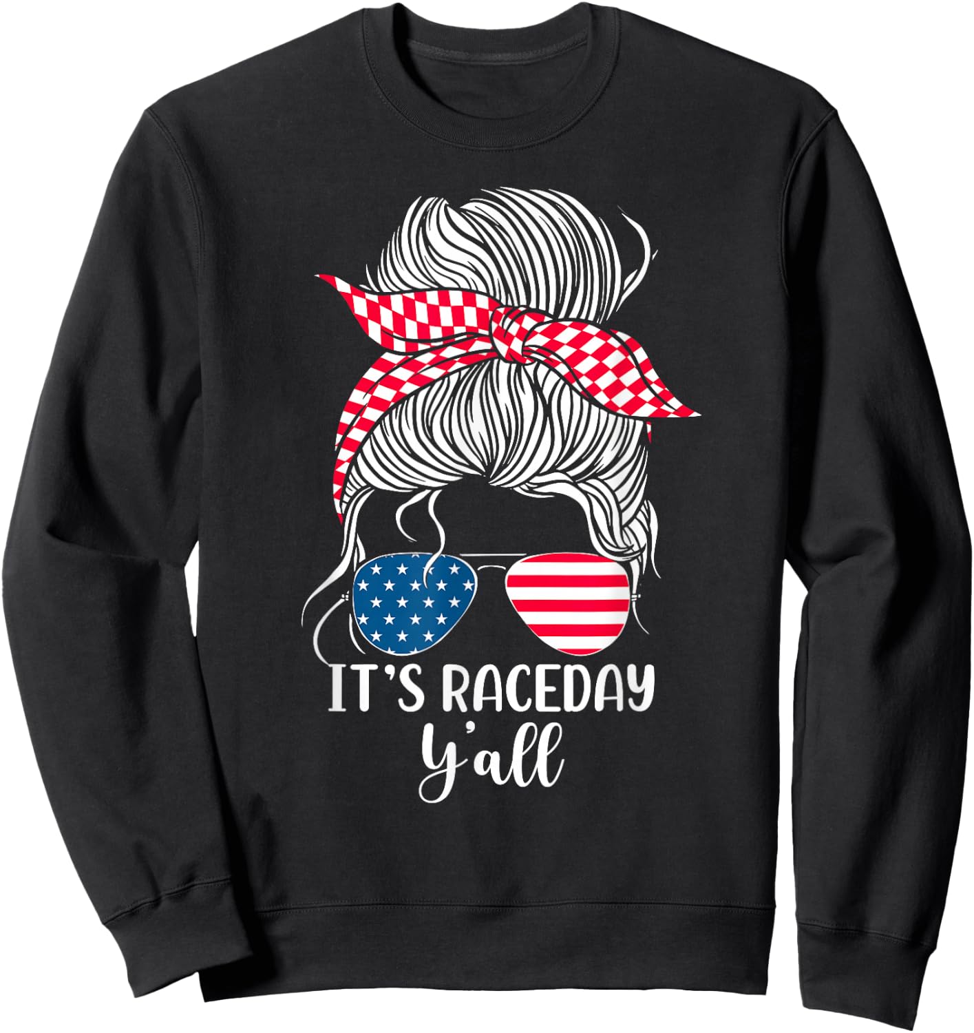 Dirt Track Racing Race Girl USA American Flag Glasses Bun Sweatshirt - Sweatshirt | Black