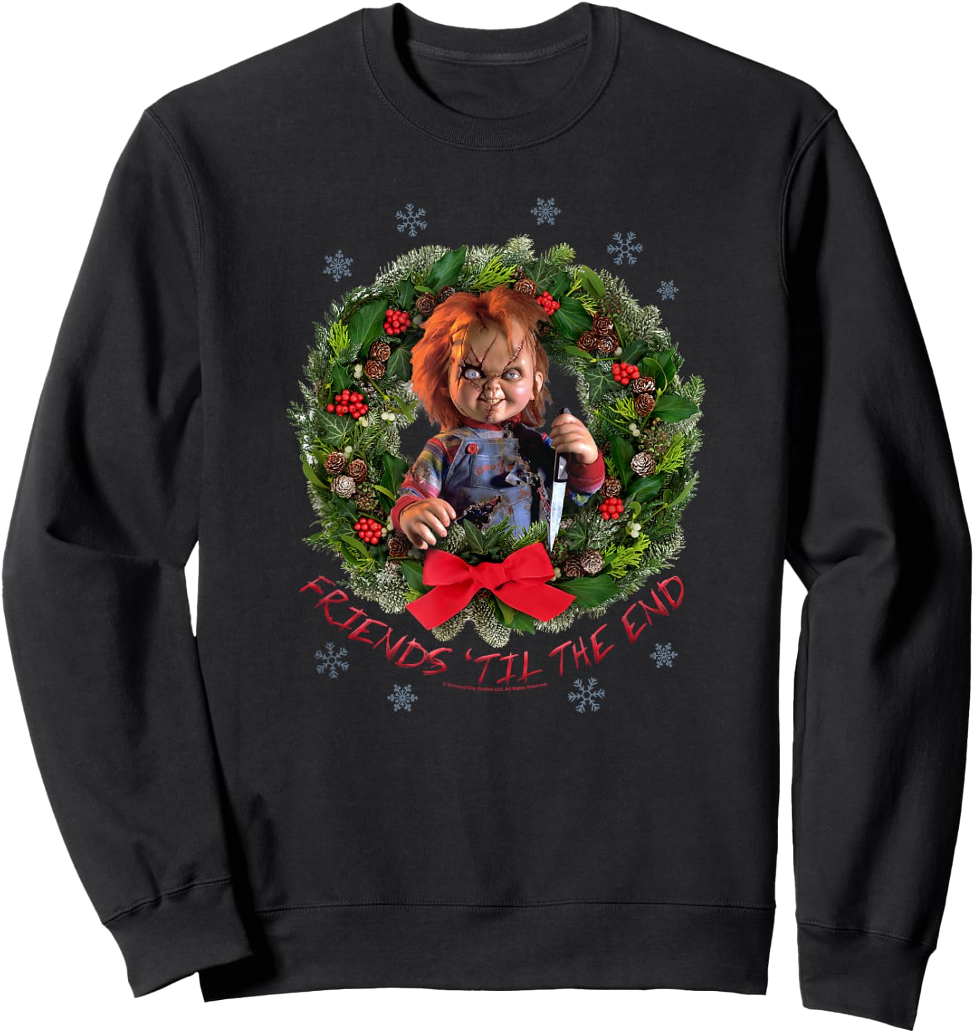 Chucky Christmas Wreath Friends Til the End Sweatshirt - Sweatshirt | Black