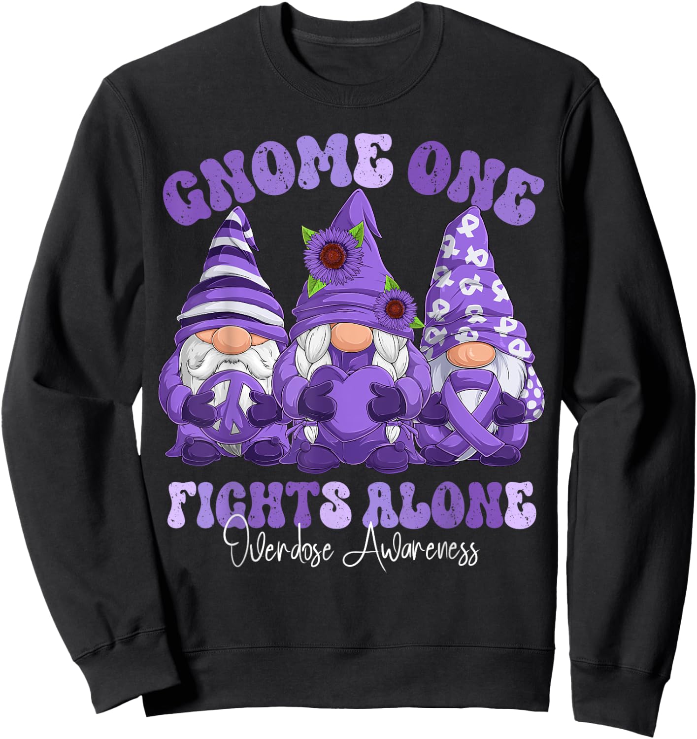 Overdose Awareness Month Purple Ribbon Gnomies Sweatshirt - Sweatshirt | Black