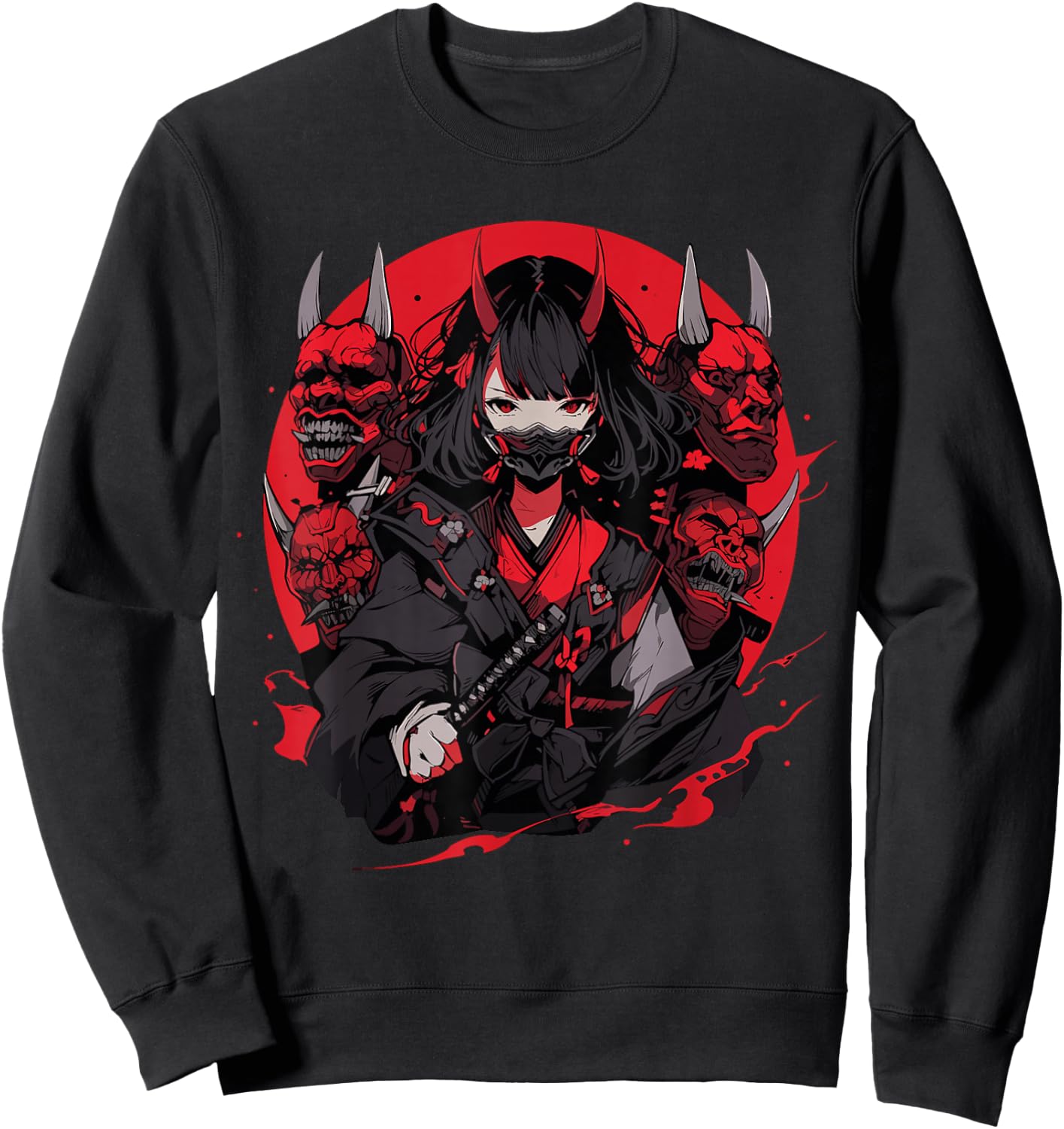 Anime Girl Gothic Waifu Japanese Kawaii Otaku Oni Mask Sweatshirt - Sweatshirt | Black