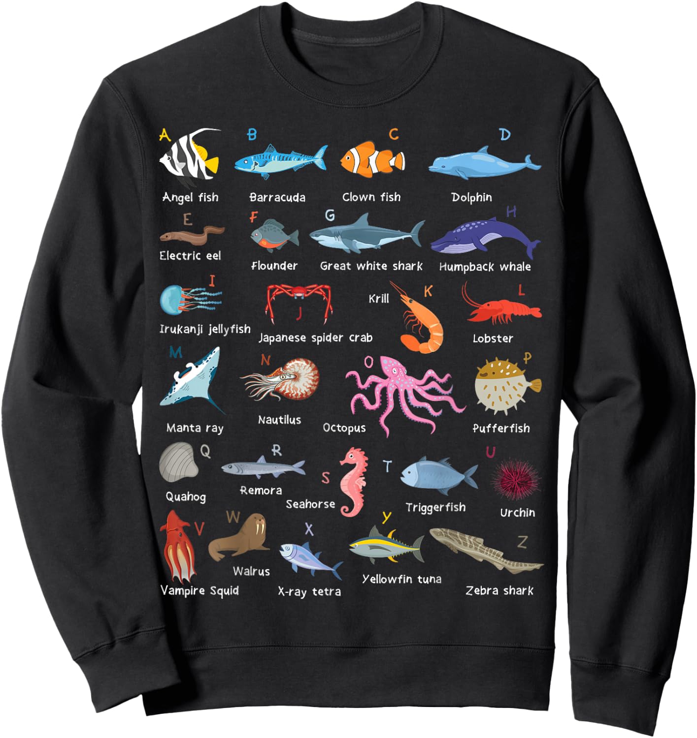 A-Z Ocean Life Exploration - Sea Creatures Alphabet Sweatshirt - Sweatshirt | Black