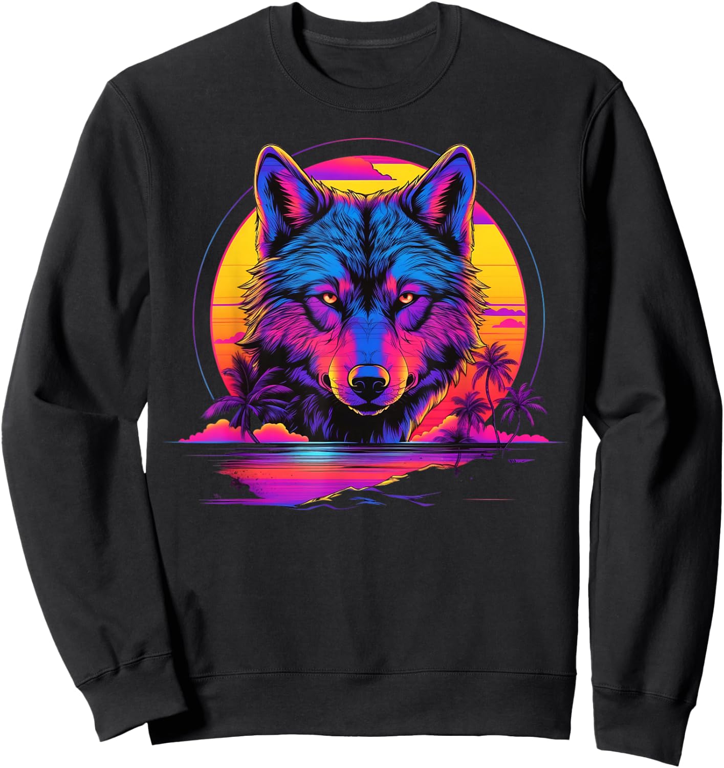Vintage Retrowave Synthwave 80s Vaporwave Wolf Sweatshirt - Sweatshirt | Black