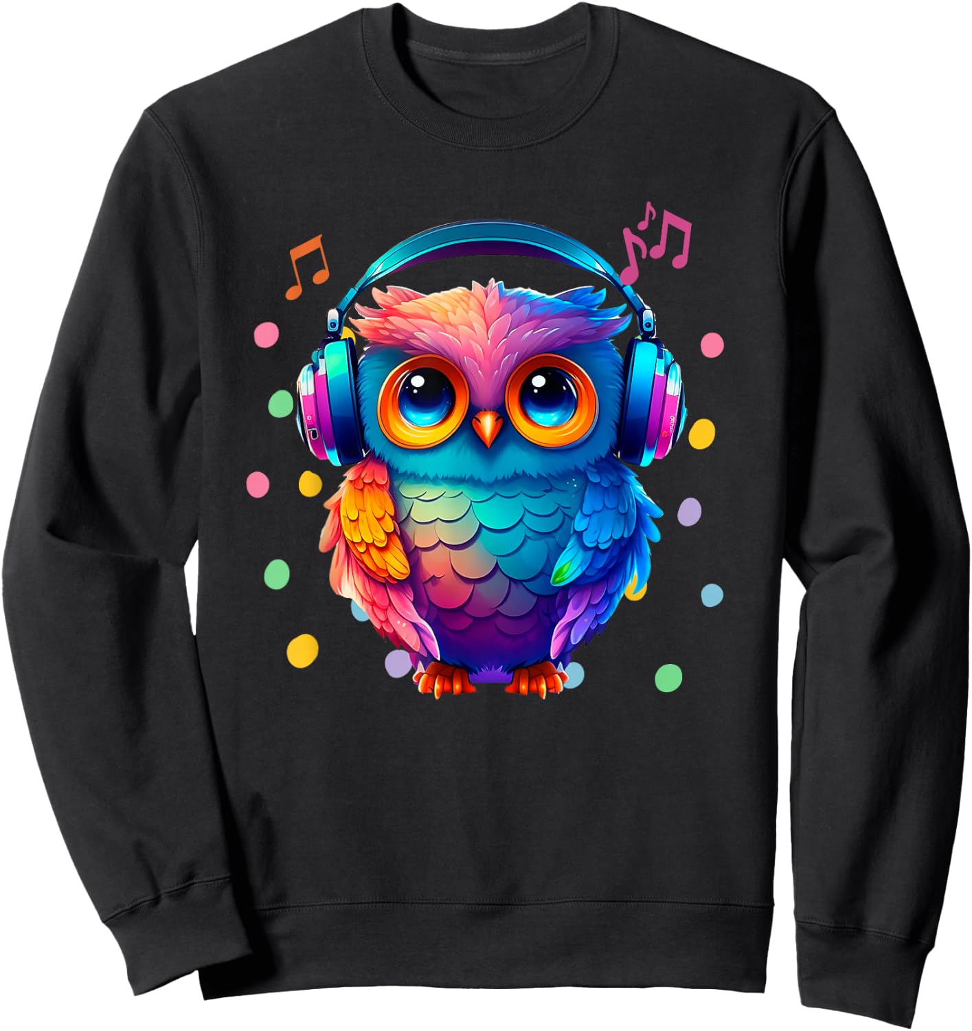 Rainbow Owl With Headphones Music Colorful Owl Graphic Sweatshirt - Sweatshirt | Black