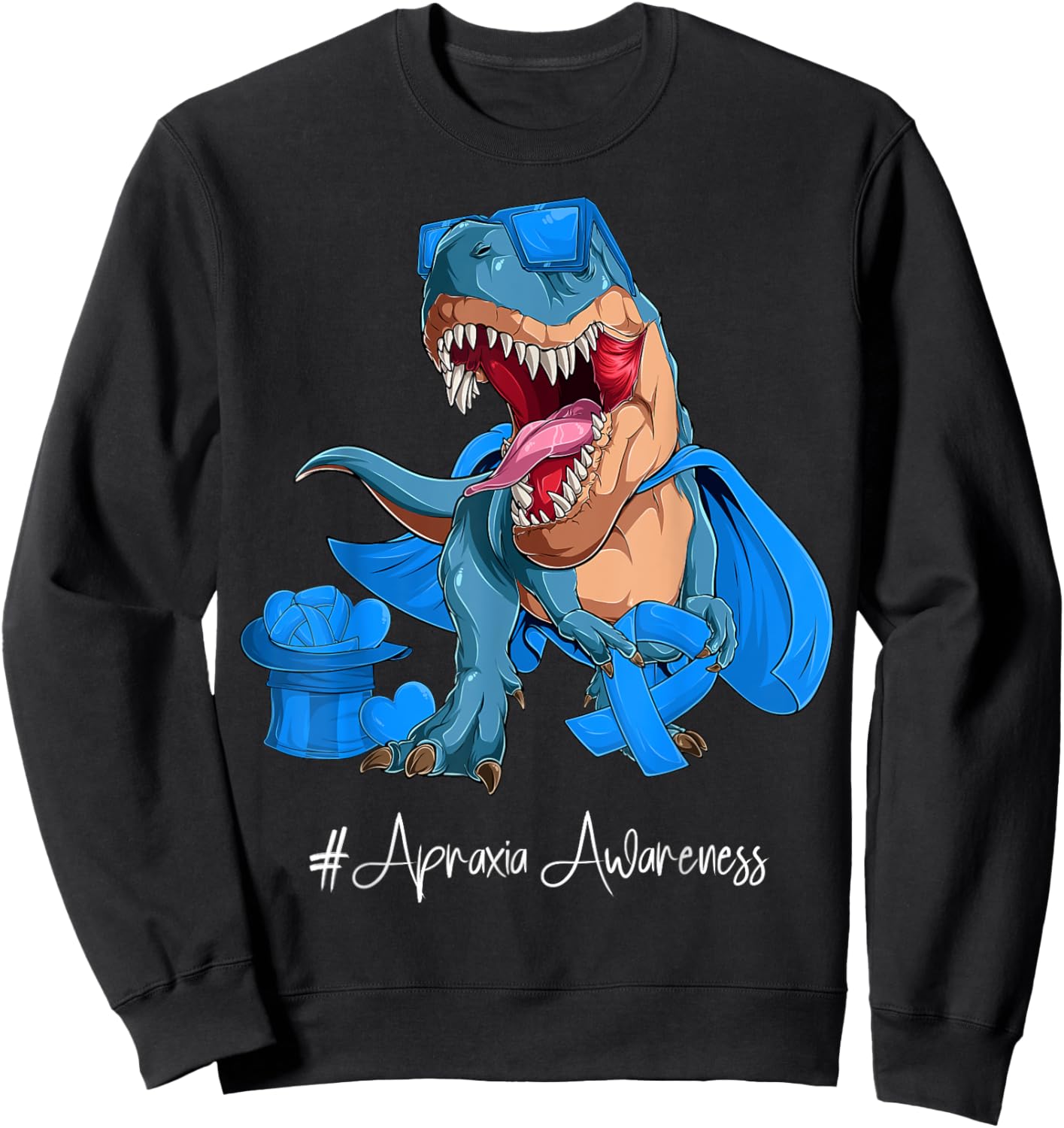 Apraxia Awareness Month Blue Ribbon Trex Sweatshirt - Sweatshirt | Black