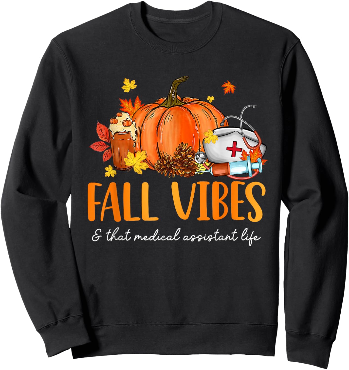 Fall Vibes & That Medical Assistant Life Leopard Pumpkin Sweatshirt - Sweatshirt | Black