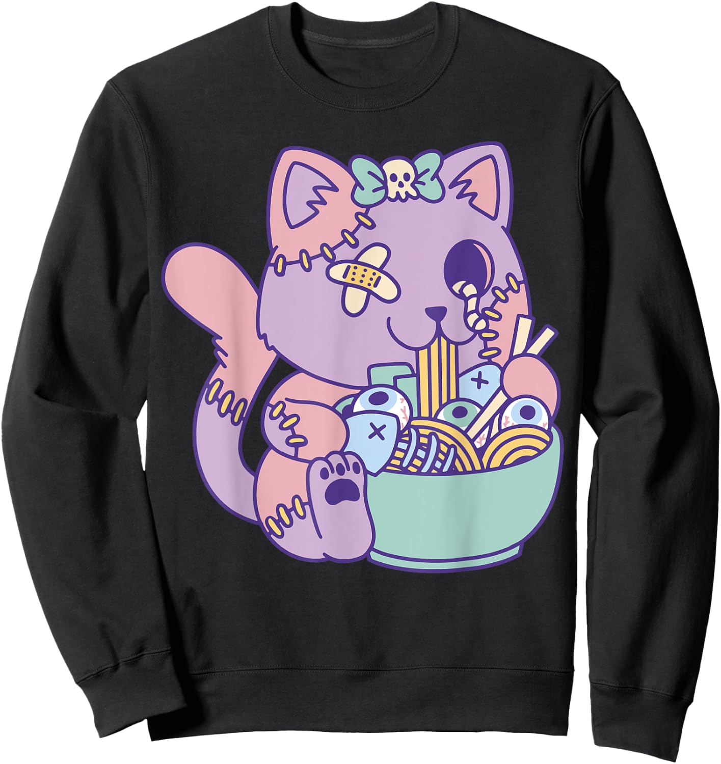 Cute Pastel Kawaii Zombie Cat Eating Ramen Halloween 2023 Sweatshirt - Sweatshirt | Black