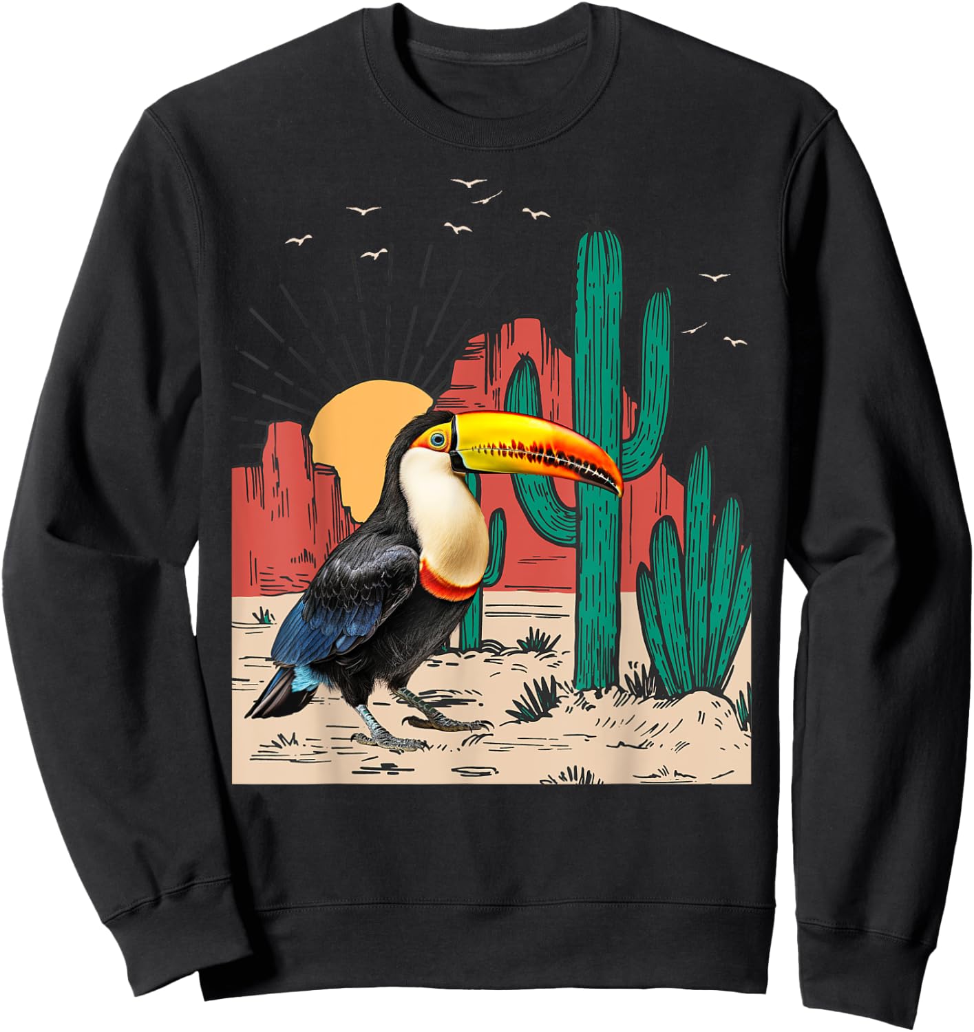 Toucans Birds Vintage Sunset Mountain Cactus Desert Toucan Sweatshirt - Sweatshirt | Black