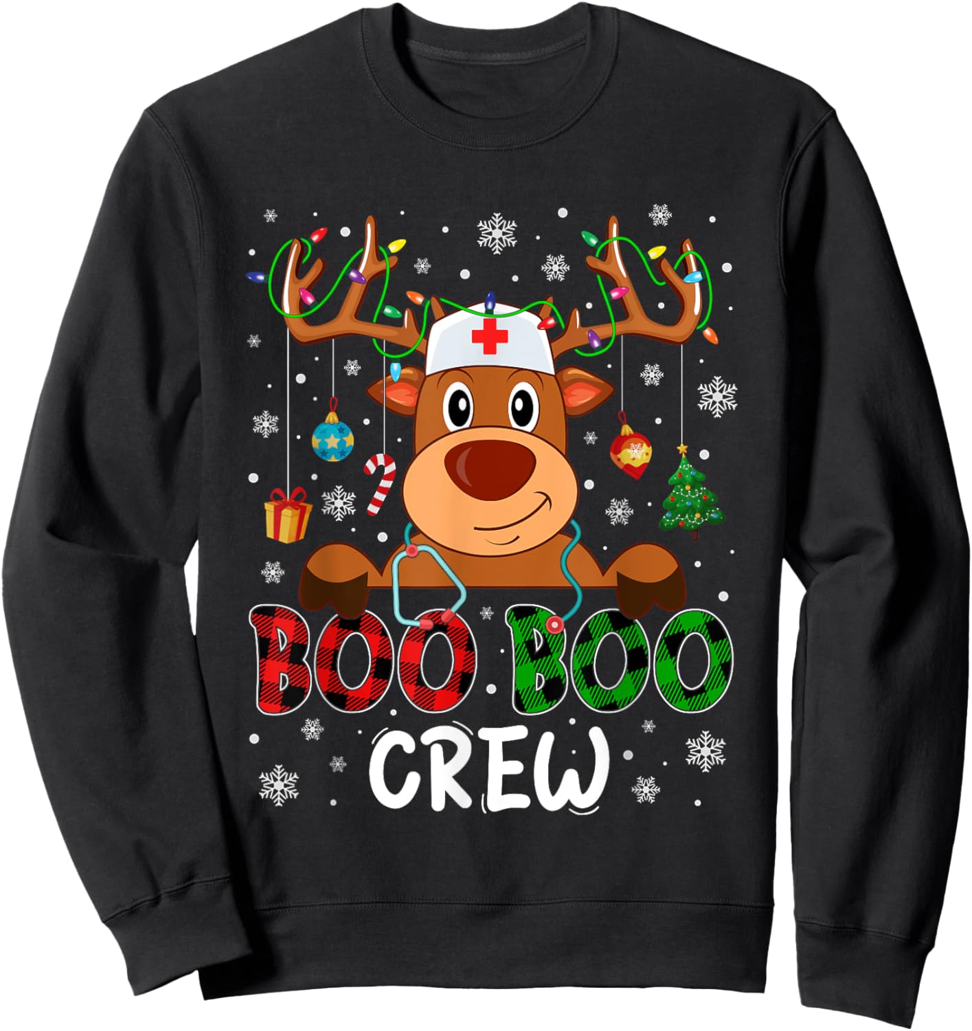 Reindeer Boo Boo Crew Nurse Buffalo Plaid Christmas Nurse Sweatshirt - Sweatshirt | Black