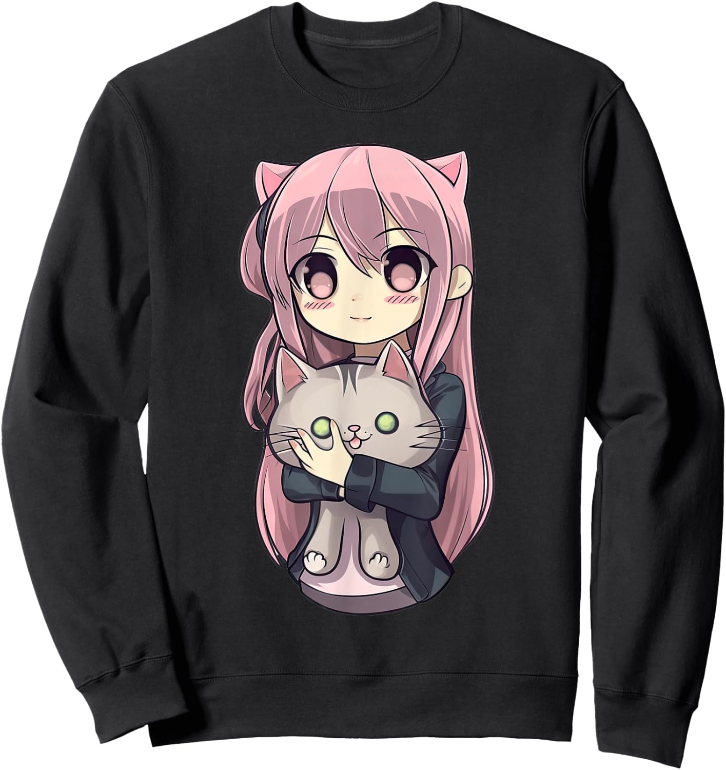 Anime and Cats Kawaii Cute Teen Otaku Girl with Cat Sweatshirt - Sweatshirt | Black