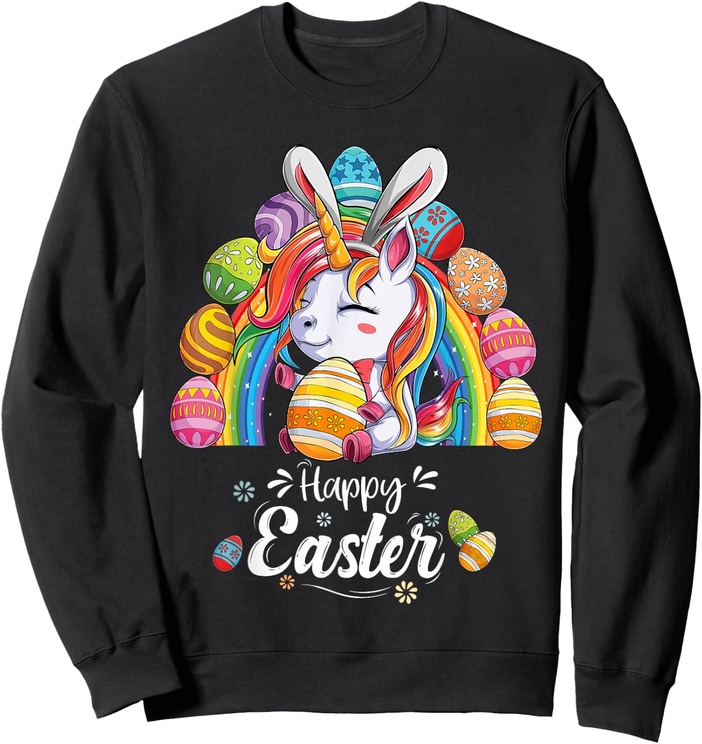 Unicorn Happy Easter Day bunny Rainbow egg Girls Kids Sweatshirt - Sweatshirt | Black