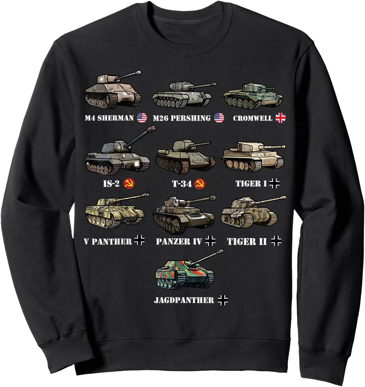 WW2 Tanks M4 Sherman Panzer IV Tiger II T-34 History Buff Sweatshirt - Sweatshirt | Black