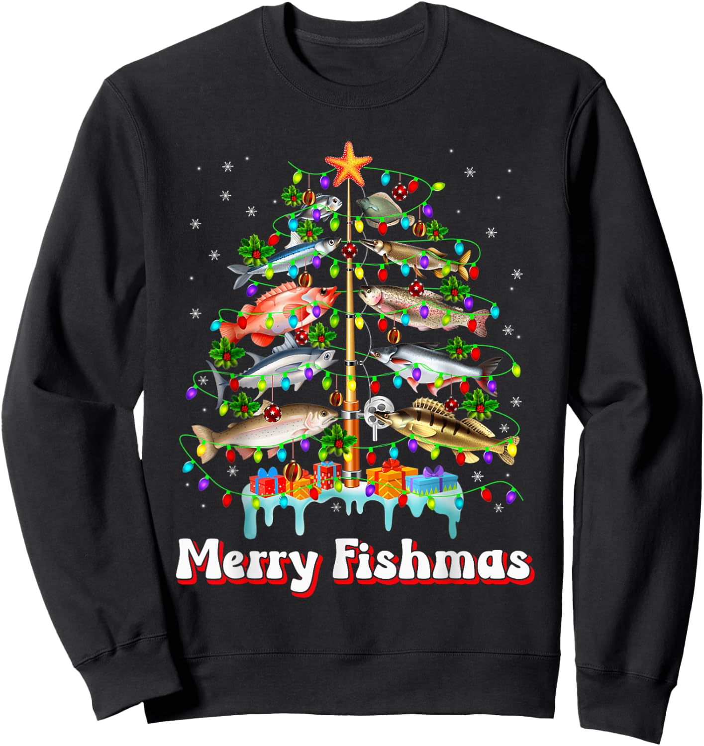 Merry Fishmas Christmas Tree Funny Fish Fishing Fisherman Sweatshirt - Sweatshirt | Black