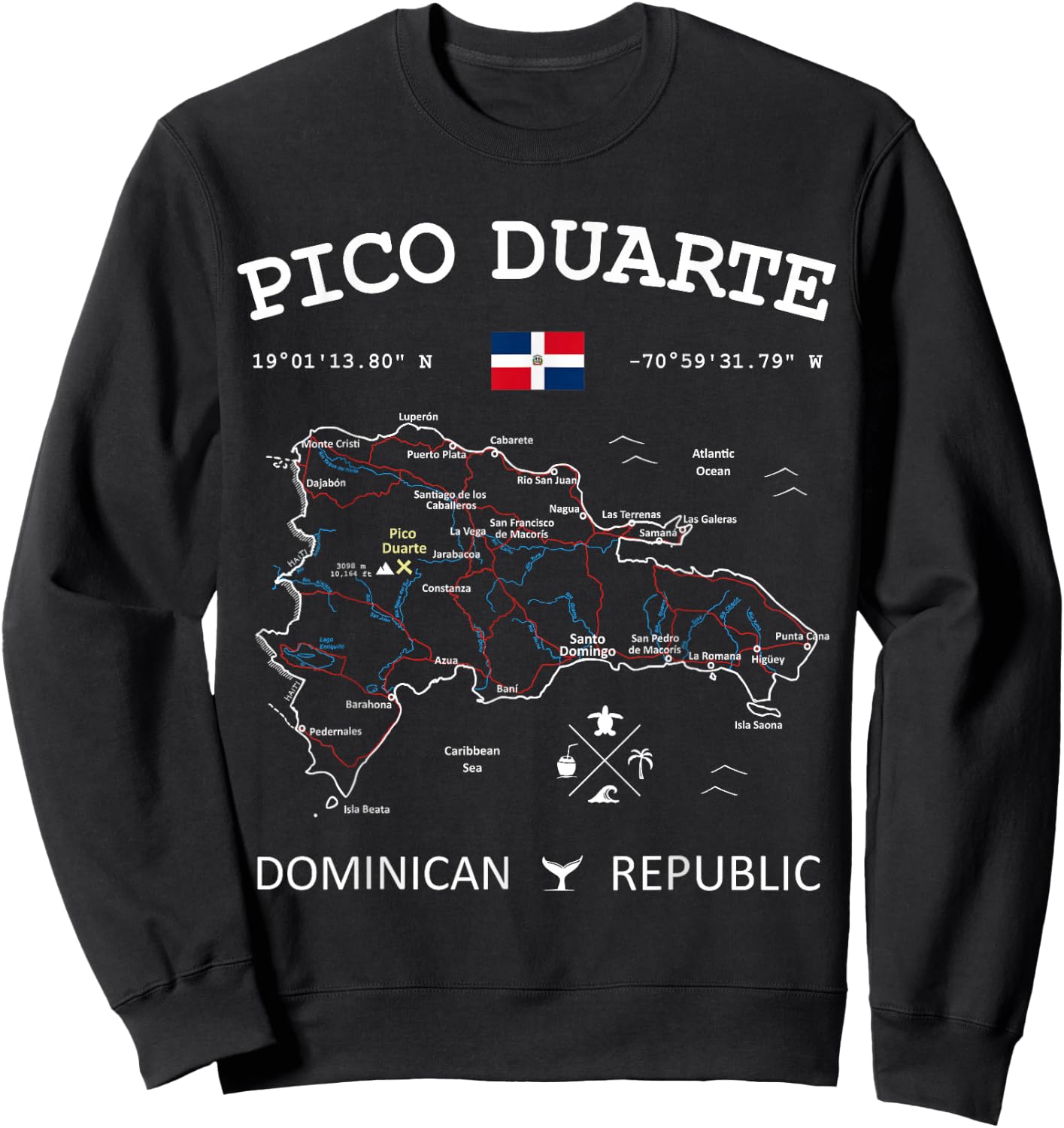 PICO DUARTE Dominican Republic Flag Map GPS Coordinates Sweatshirt - Sweatshirt | Black