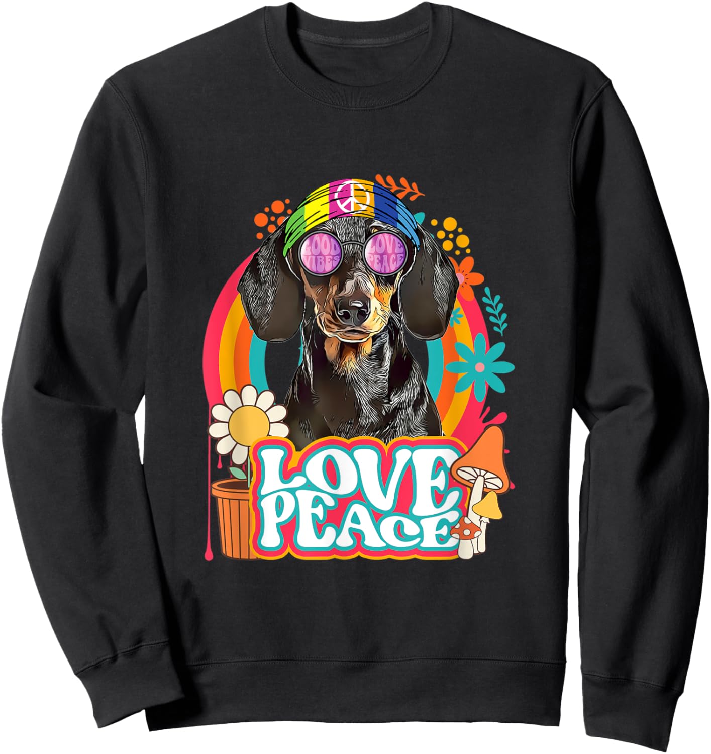 Hippie Dachshund Dog Retro 60s 70s Peace Sign Love Sweatshirt - Sweatshirt | Black