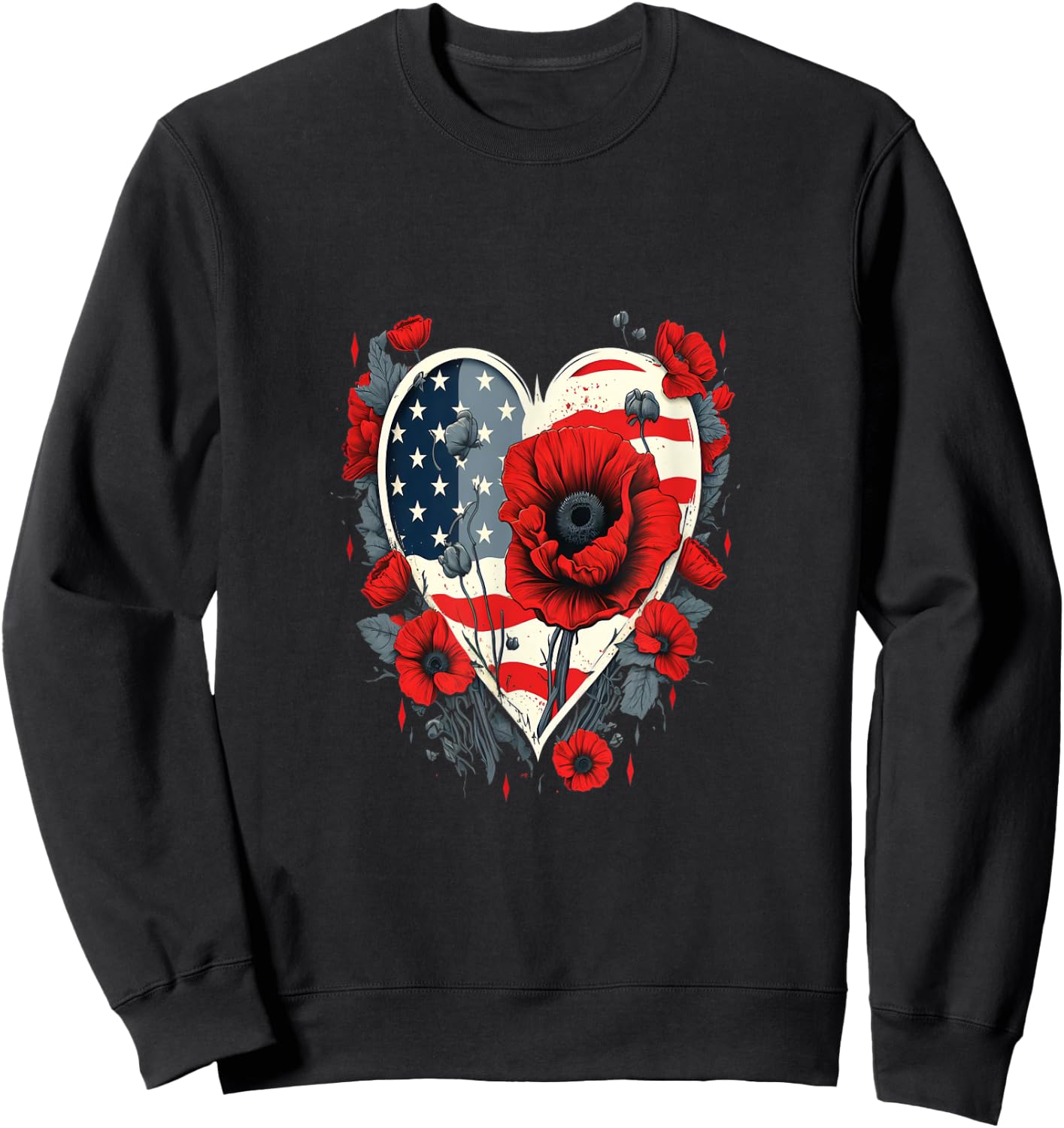 Memorial Day Red Poppy Flower USA Heart Flag 4th of July Sweatshirt - Sweatshirt | Black