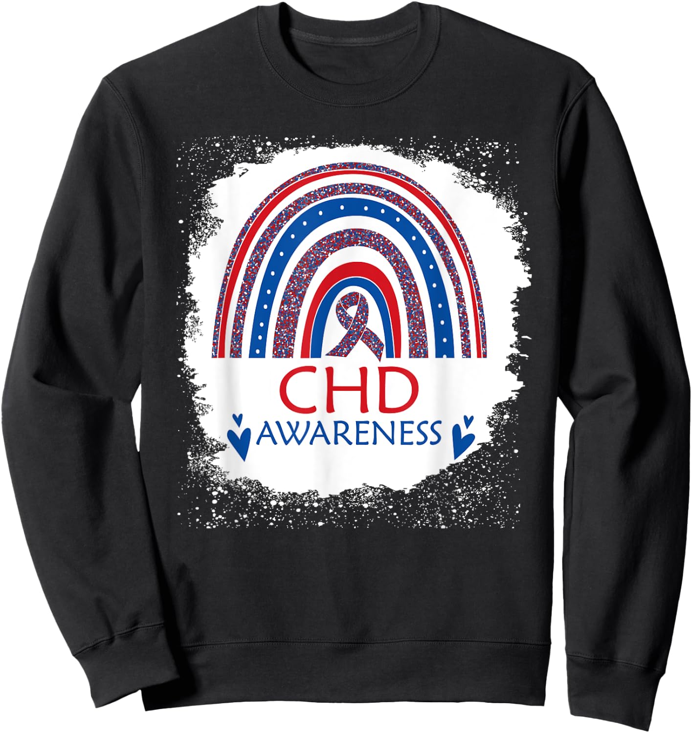 CHD Awareness Heart Disease Bleached Rainbow Blue Red Ribbon Sweatshirt - Sweatshirt | Black
