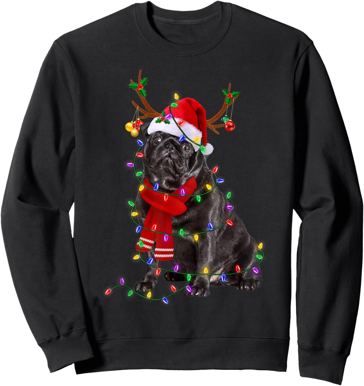 Funny Black Pug Dog Tree Christmas Lights Xmas Pajama Men Women Kids Sweatshirt - Sweatshirt | Black