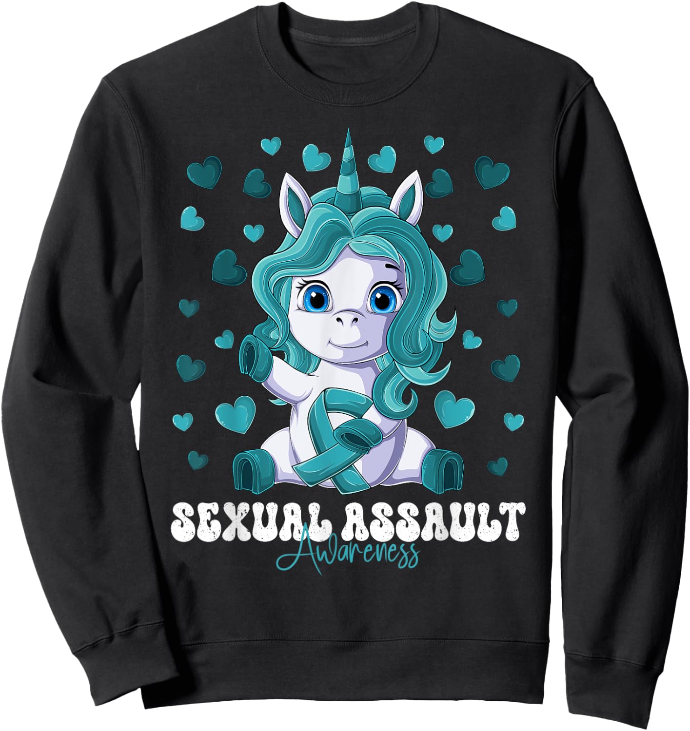 Sexual Assault Awareness Month Teal Ribbon Unicorn Sweatshirt - Sweatshirt | Black