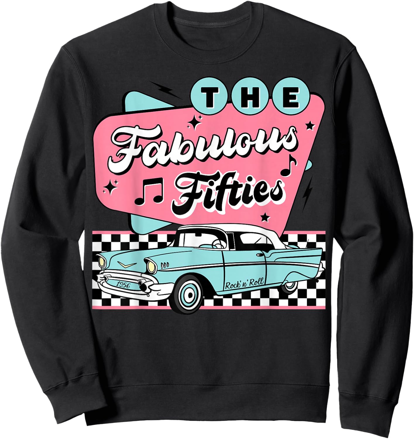 The Fifties 1950s Car Music Checkerboard Rockabilly Sock Hop Sweatshirt - Sweatshirt | Black