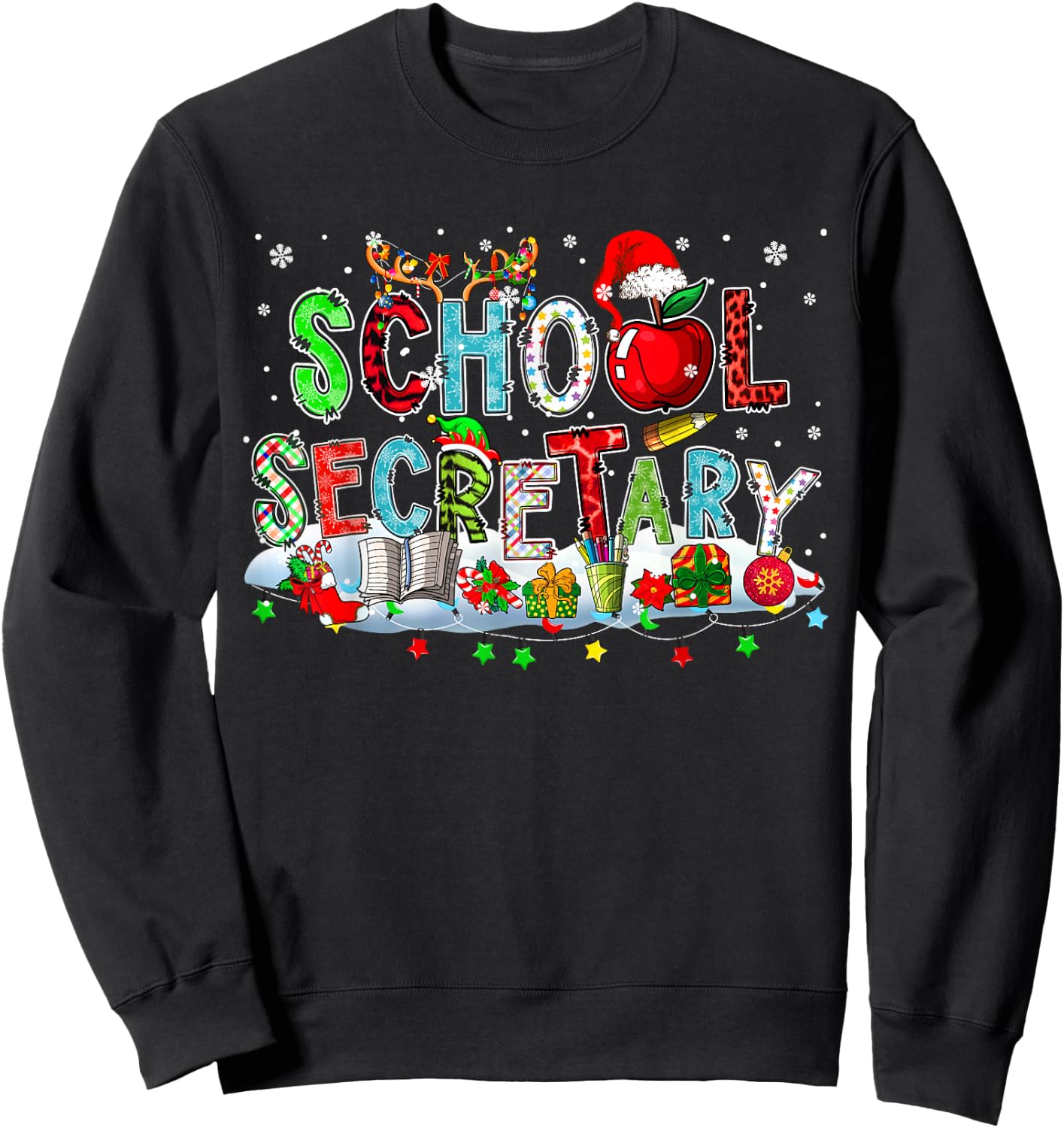 School Secretary Xmas Leopard Plaid Santa Reindeer Elf Books Sweatshirt - Sweatshirt | Black