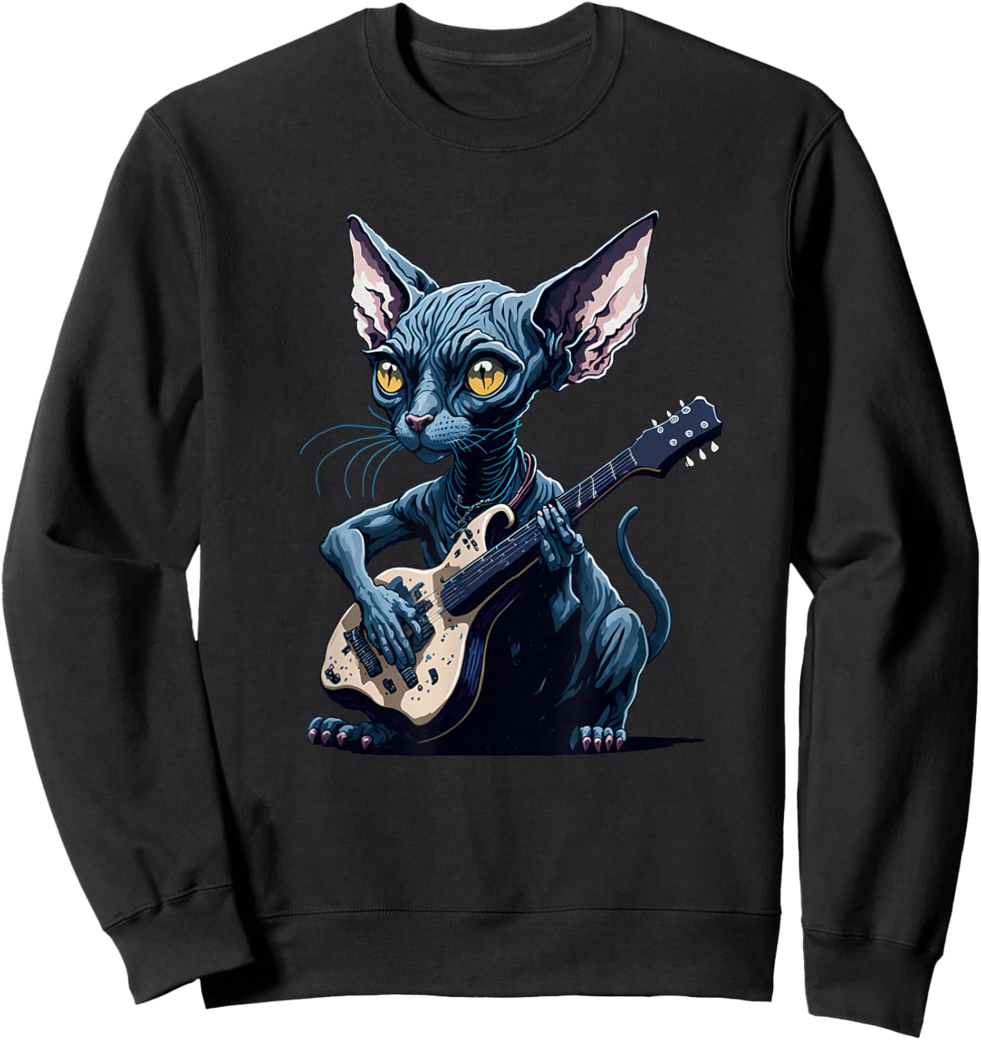 Hairless Sphynx Cat playing guitar Women Girls Kids Sweatshirt - Sweatshirt | Black