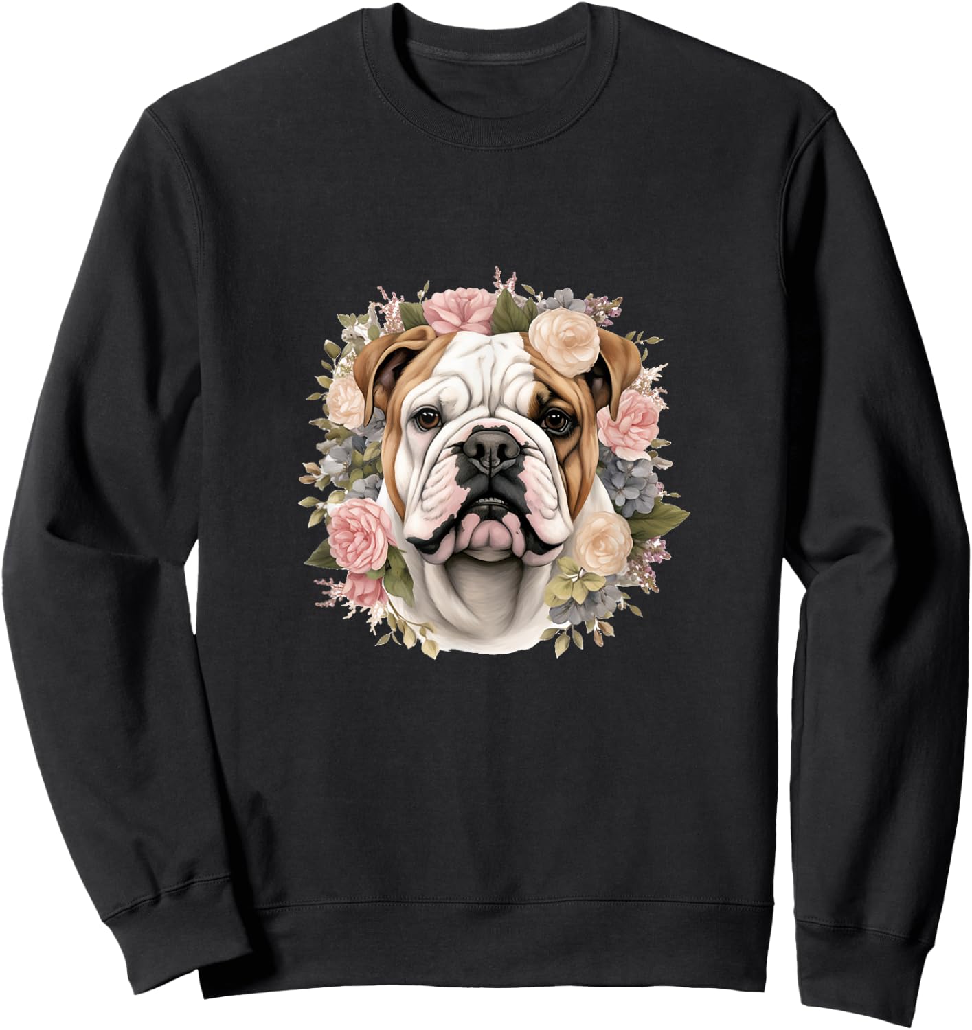 Floral English Bulldog Pastel Flower Border Sweatshirt - Sweatshirt | Black