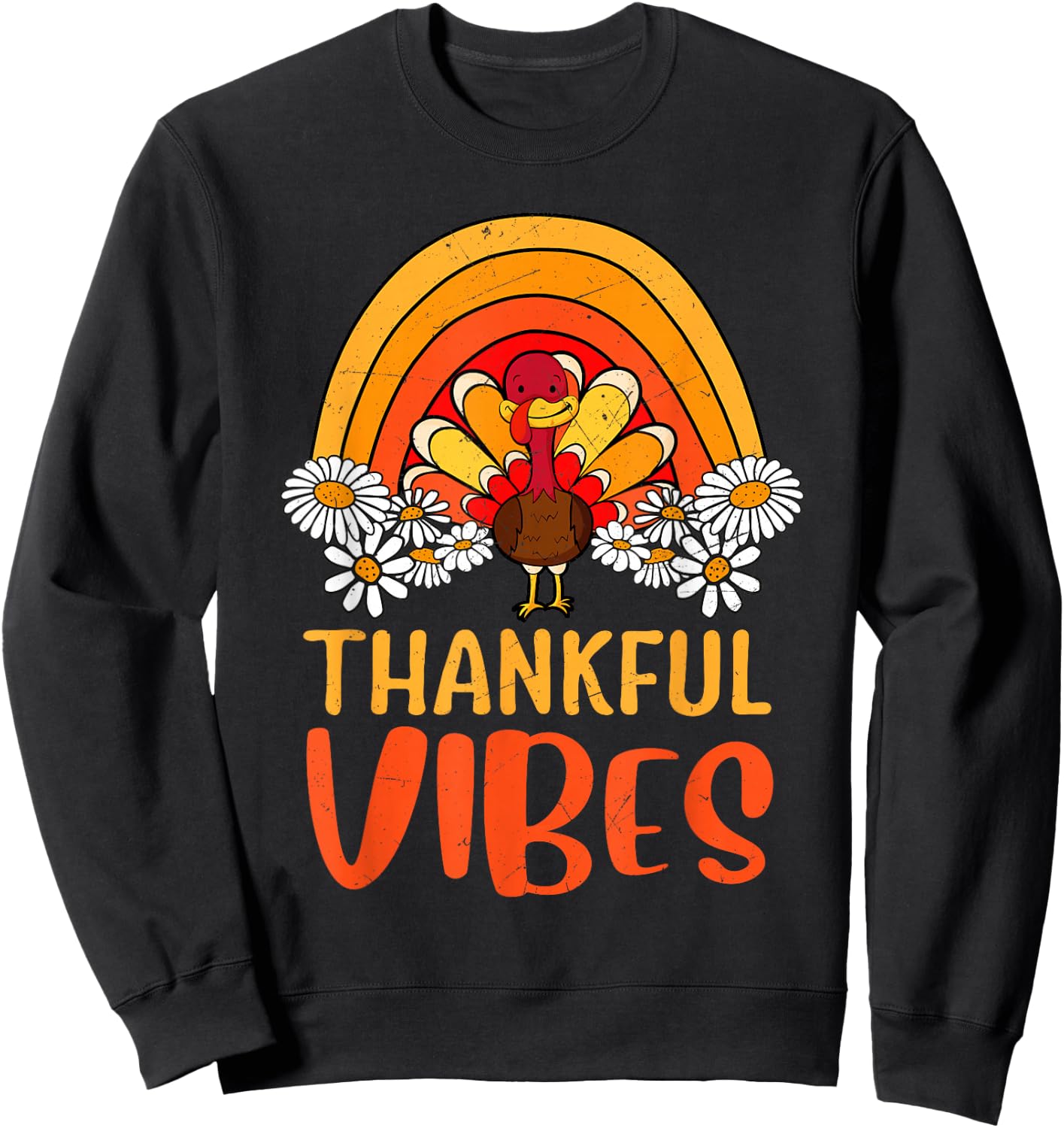 Thankful Vibes Turkey Retro Groovy Thanksgiving Rainbow Sweatshirt - Sweatshirt | Black
