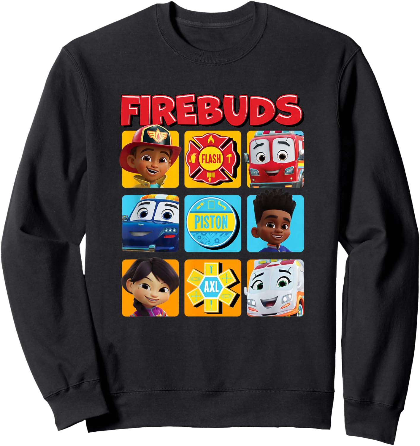 Disney Firebuds Happy Main Characters Panels Big Chest Logo Sweatshirt - Sweatshirt | Black