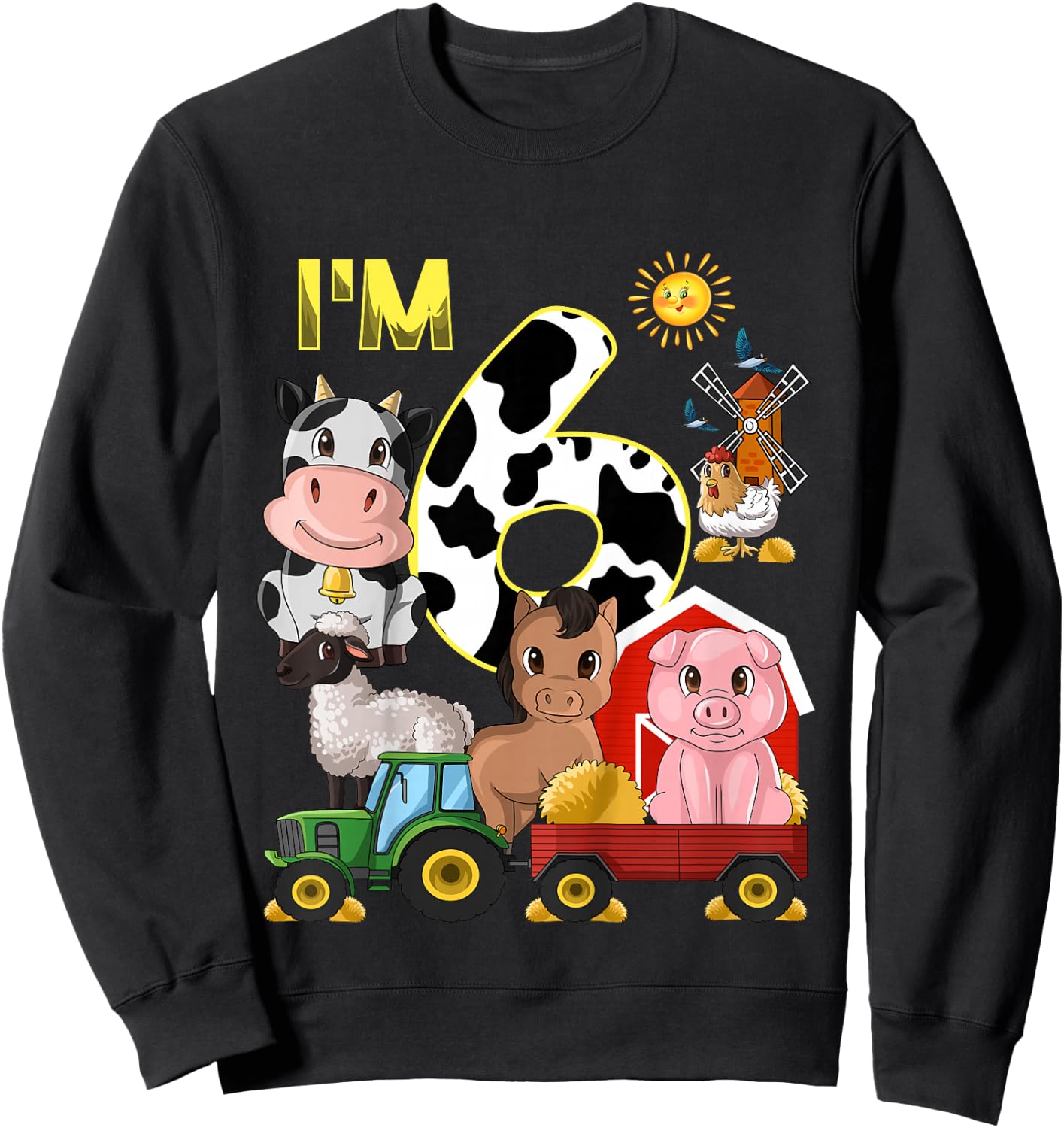 Kids Farm Animals Tractor 6th Birthday 6 Year Old Birthday Party Sweatshirt - Sweatshirt | Black