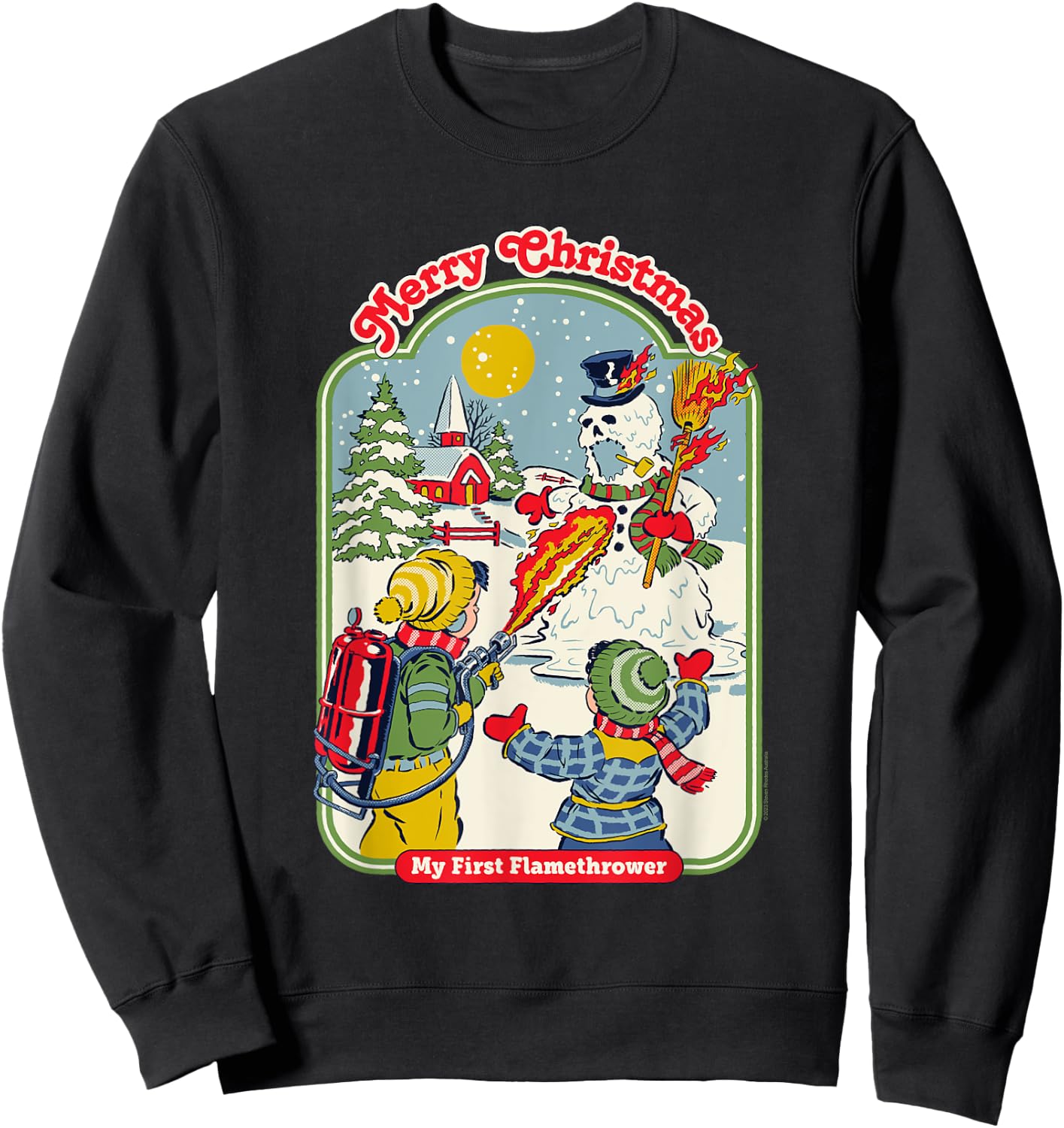 Steven Rhodes My First Flamethrower Snowman Retro Dark Humor Sweatshirt - Sweatshirt | Black