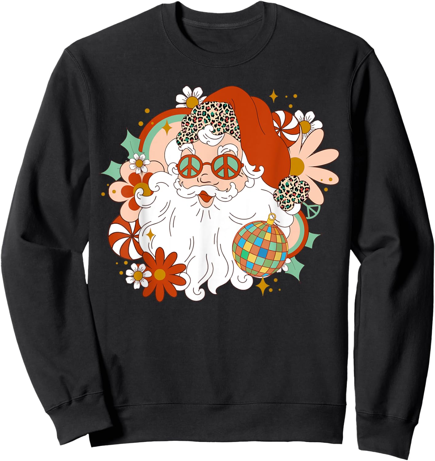Hippie Santa Claus Floral Peace Sign Xmas Retro Christmas Sweatshirt - Sweatshirt | Black