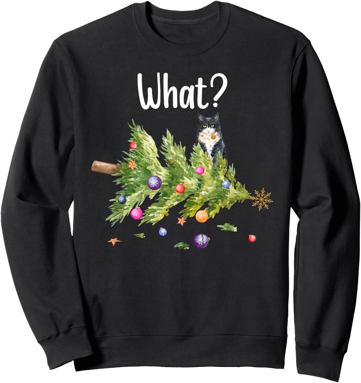 Funny Cat What Holiday Tree Christmas Men Women Kids Sweatshirt - Sweatshirt | Black